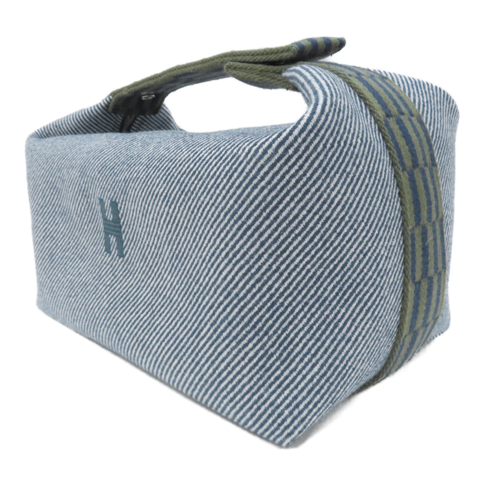 HERMES 帆布Bride-A-Brac Case GM銀扣手挽袋藍色