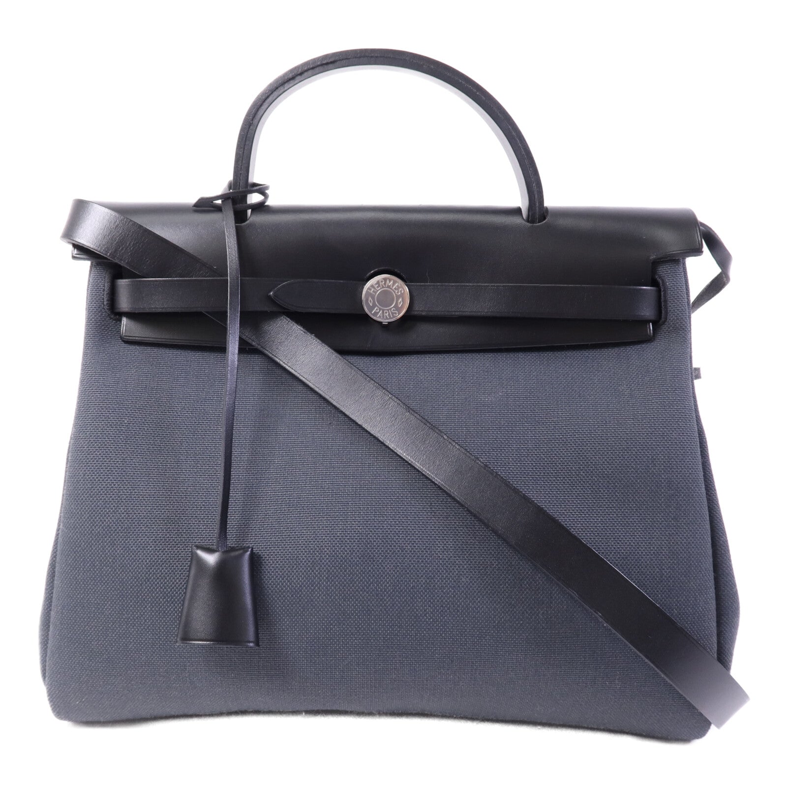 HERMES 皮革/帆布Herbag PM銀扣手挽肩背兩用袋Ardoise