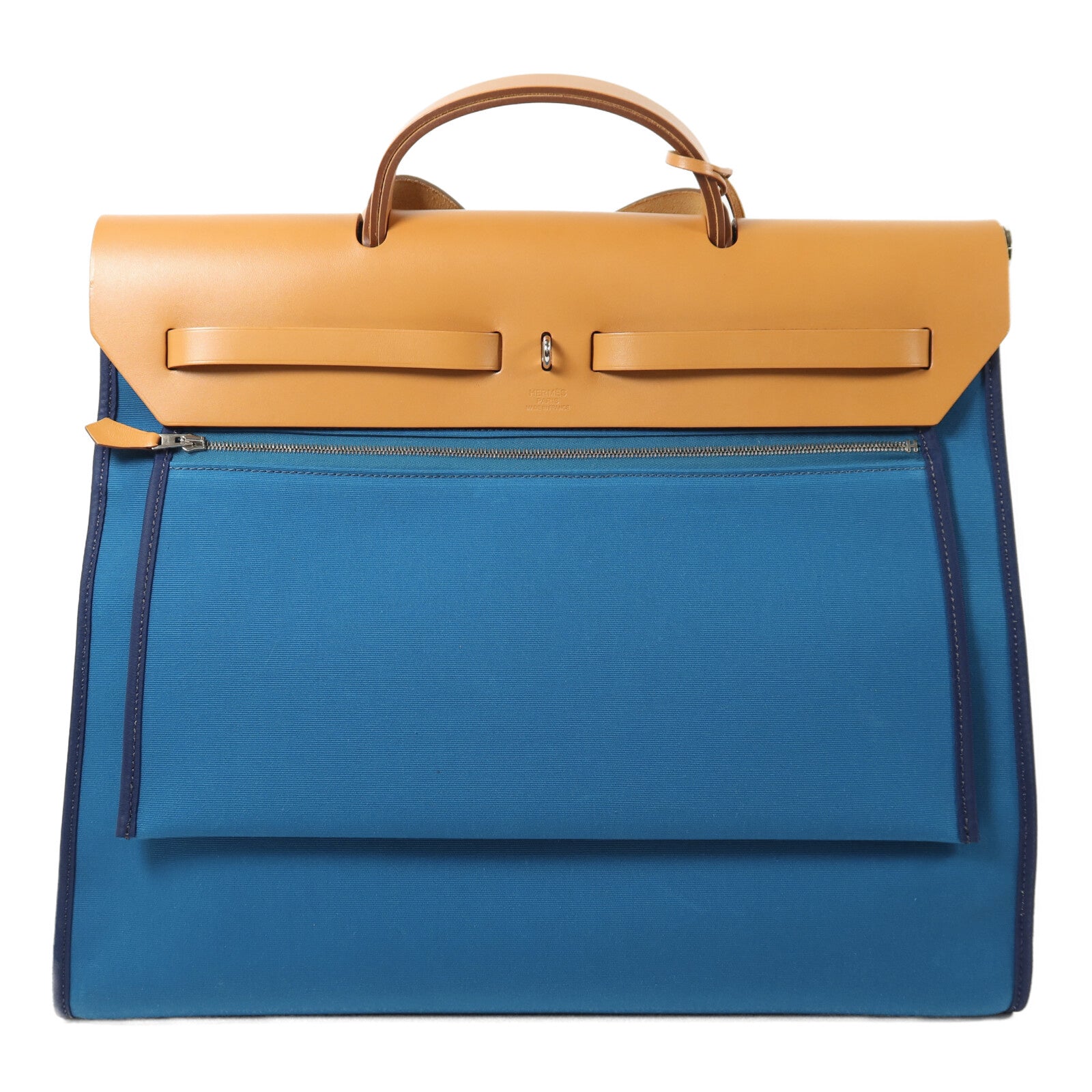 HERMES 帆布Herbag MM銀扣手挽肩背兩用袋Blue Izmir