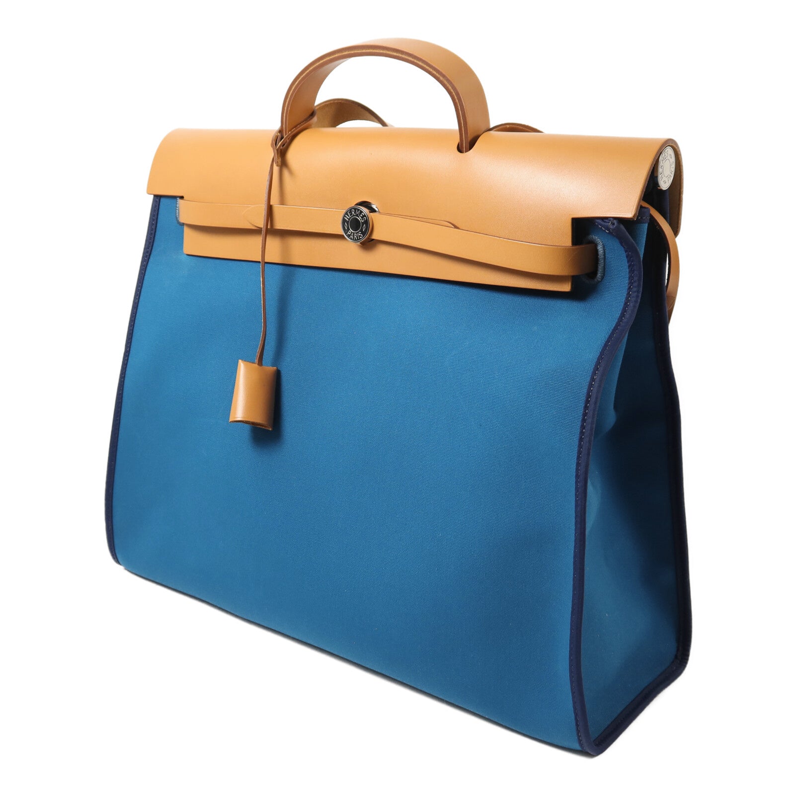 HERMES 帆布Herbag MM銀扣手挽肩背兩用袋Blue Izmir