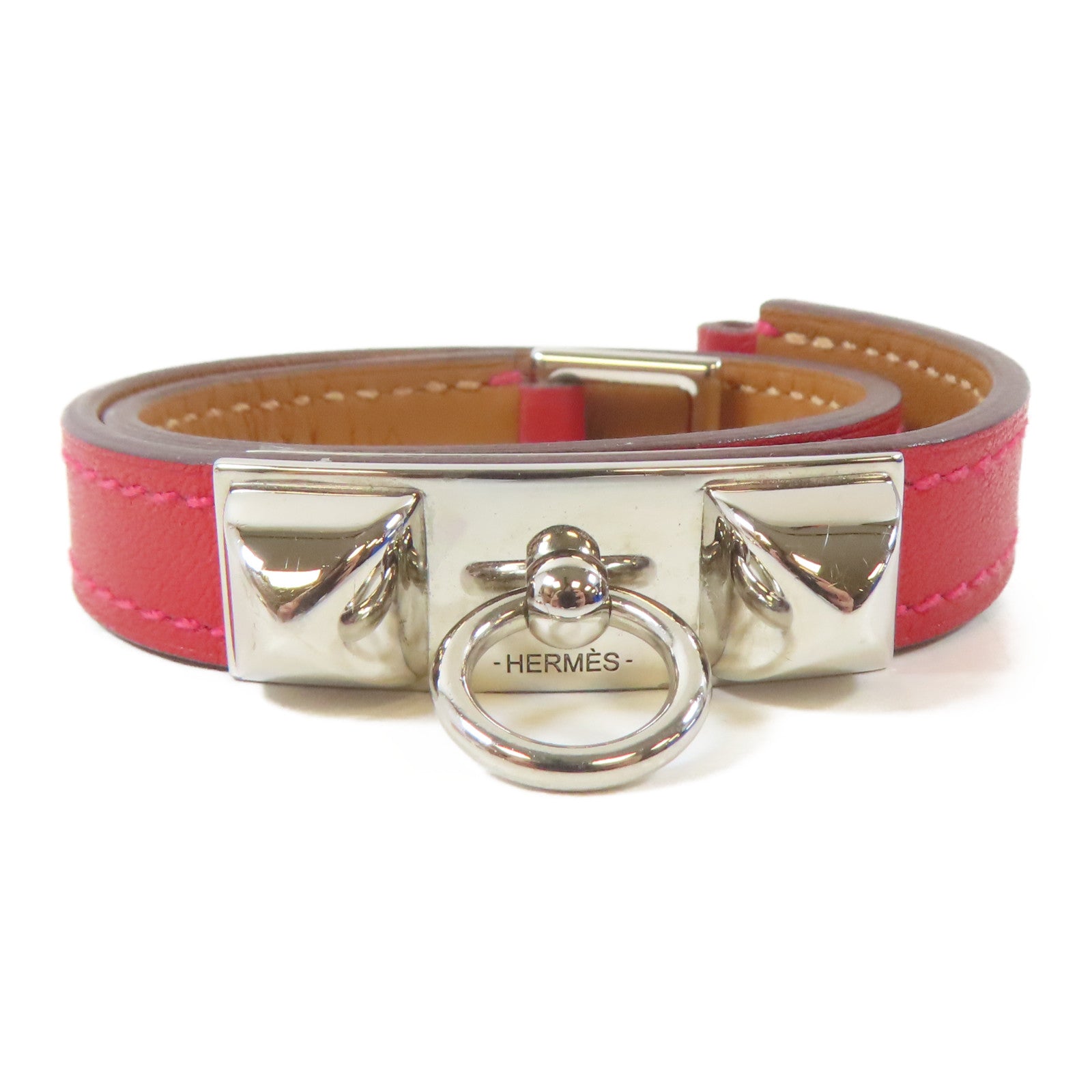 HERMES 【激減優惠】Swift皮革Rivale Double Tour Bracelet銀扣手鐲紅色/Rouge Tomate