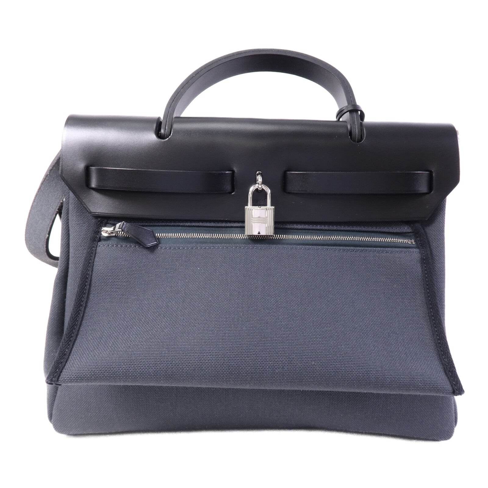 HERMES 皮革/帆布Herbag PM銀扣手挽肩背兩用袋Ardoise