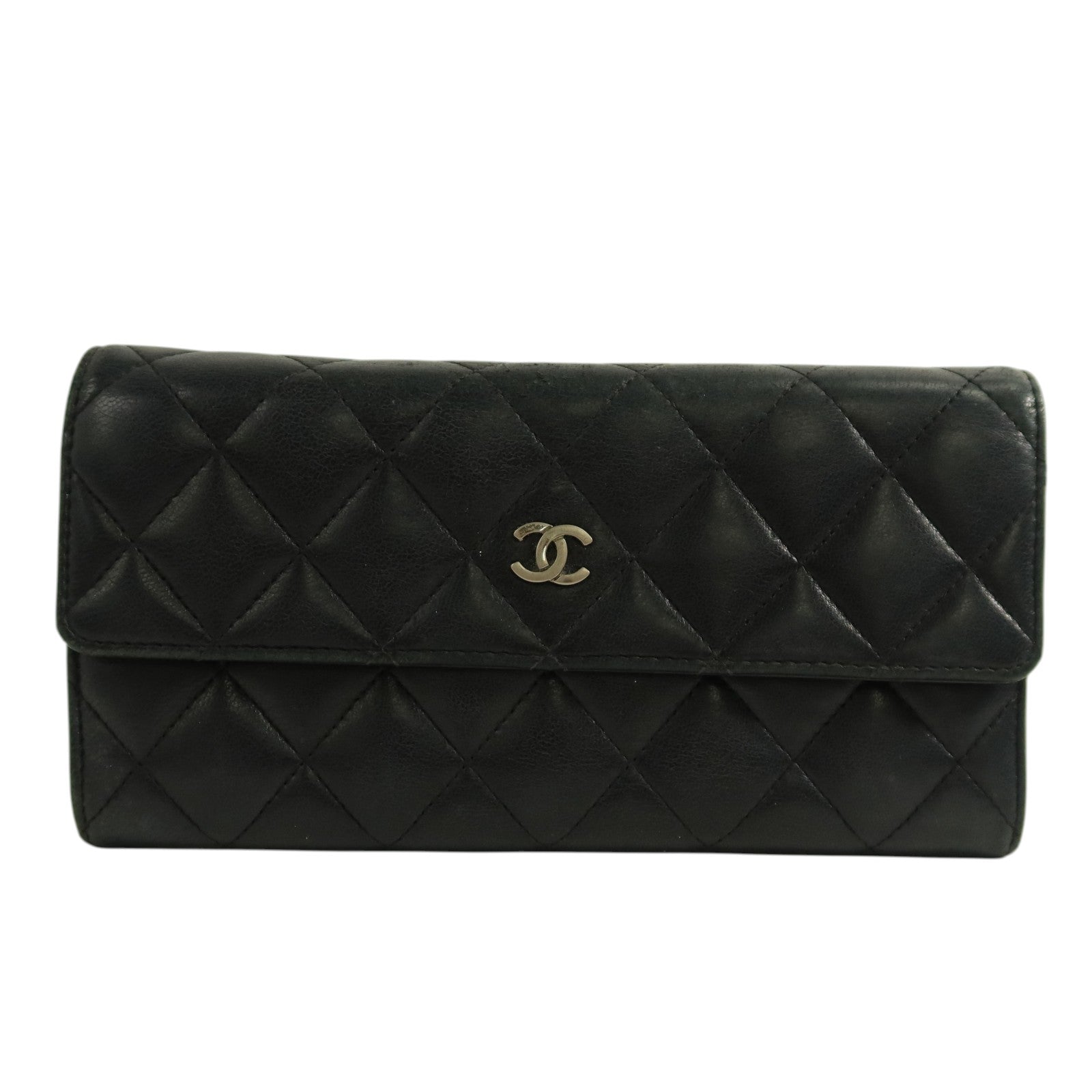 CHANEL 羊皮皮革Fold Wallet銀扣長錢包