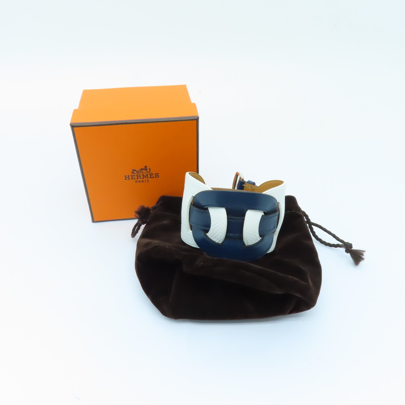 HERMES 【激減優惠】Epsom皮革Bracelet銀扣手鏈白色/深藍色