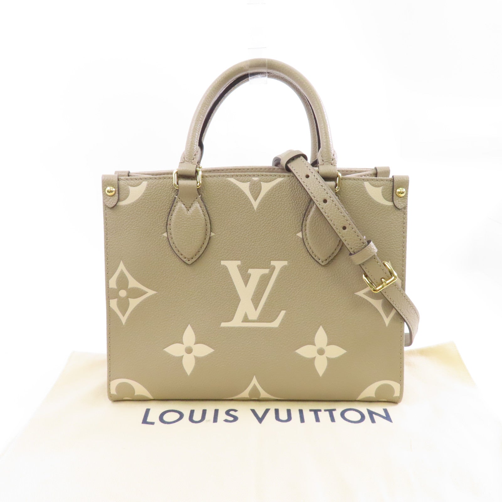 LOUIS VUITTON Monogram Empreinte OnTheGo PM金扣手挽肩背兩用袋米色