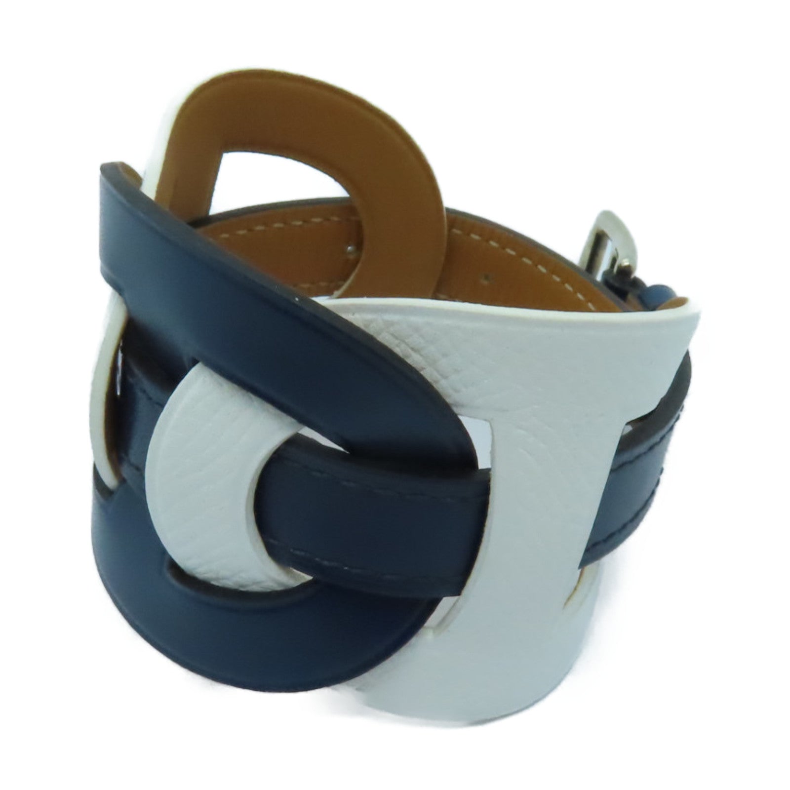 HERMES 【激減優惠】Epsom皮革Bracelet銀扣手鏈白色/深藍色