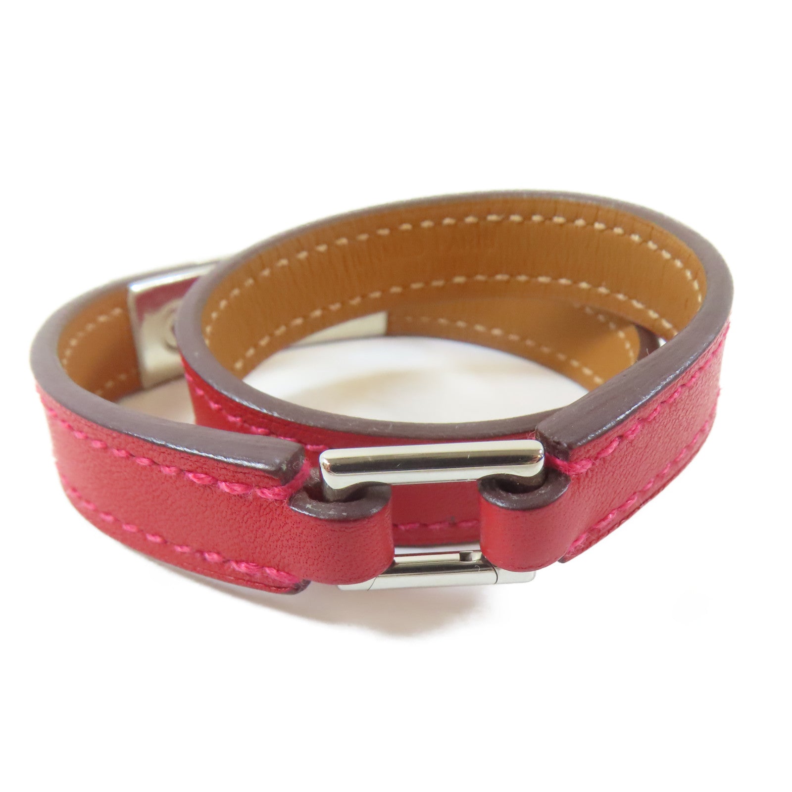 HERMES 【激減優惠】Swift皮革Rivale Double Tour Bracelet銀扣手鐲紅色/Rouge Tomate