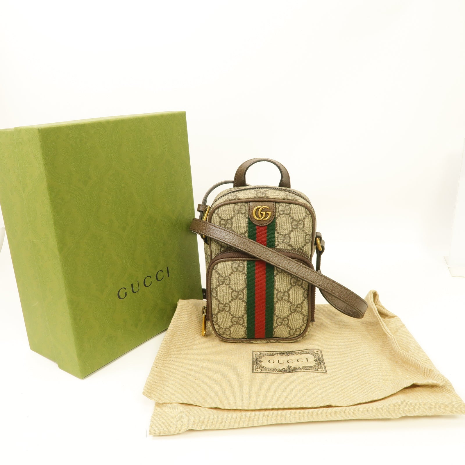 GUCCI 塗層帆布Ophidia Mini Bag金扣肩背袋棕色