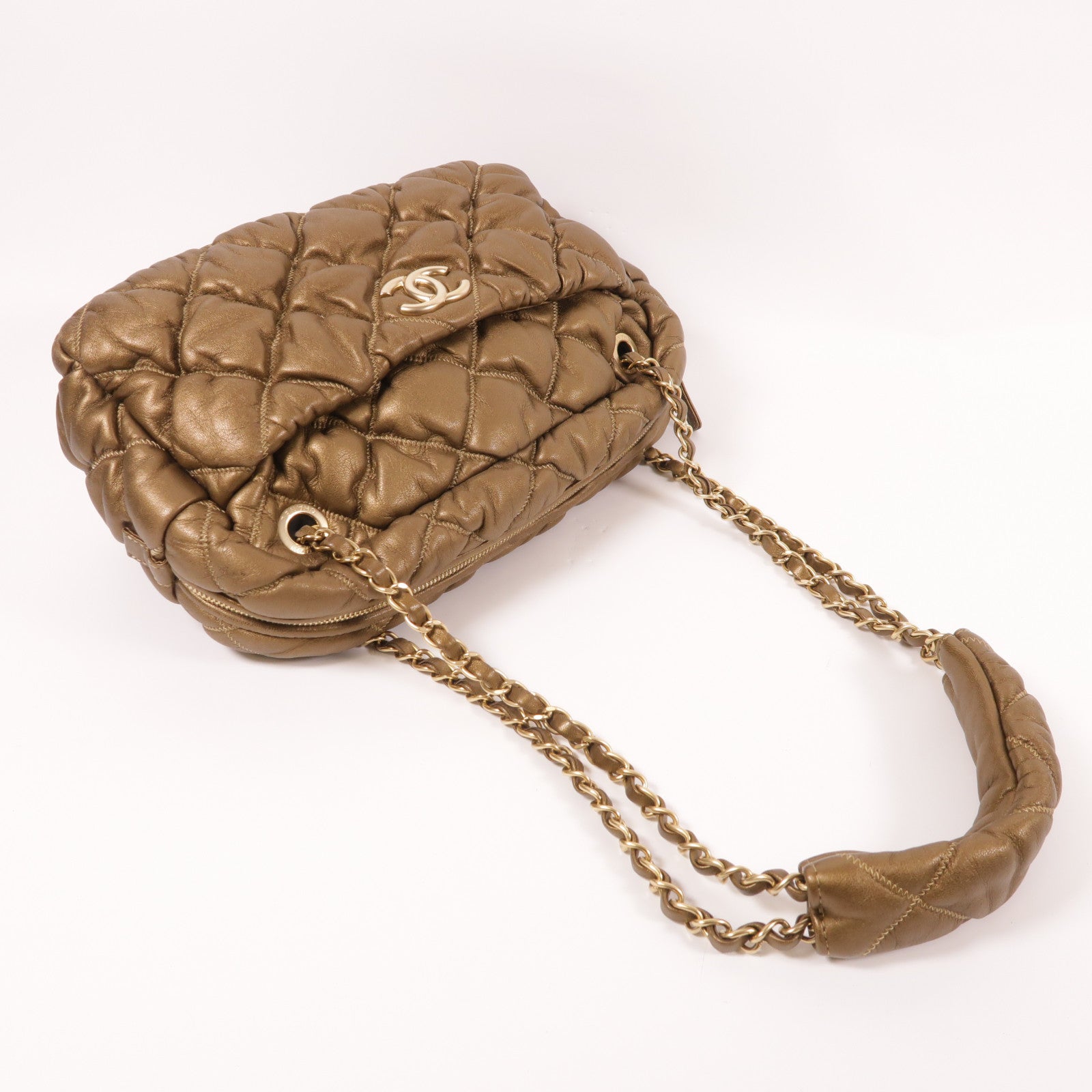CHANEL CC GHW Bubble Chain Shoulder Bag Calfskin Leather Gold