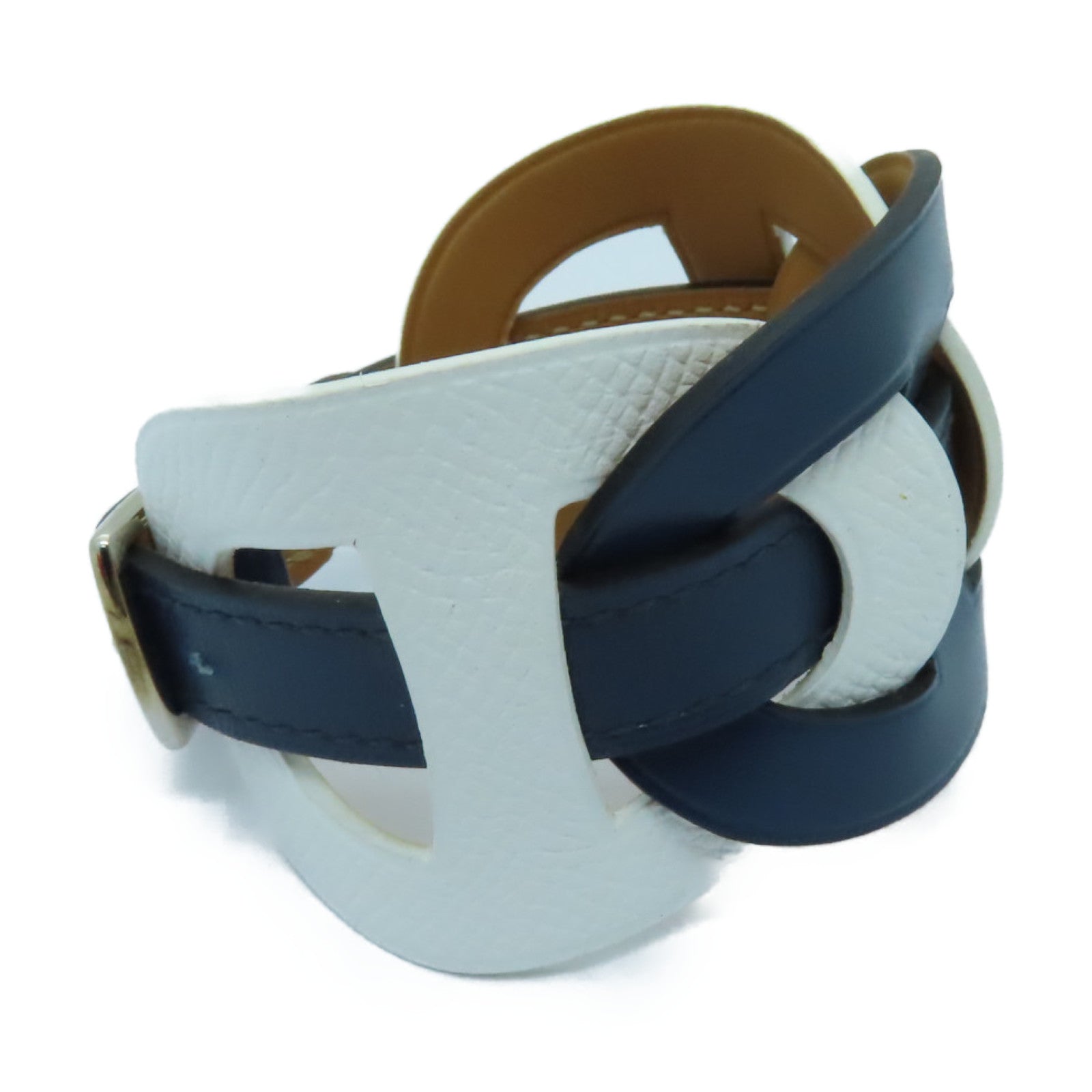HERMES 【激減優惠】Epsom皮革Bracelet銀扣手鏈白色/深藍色