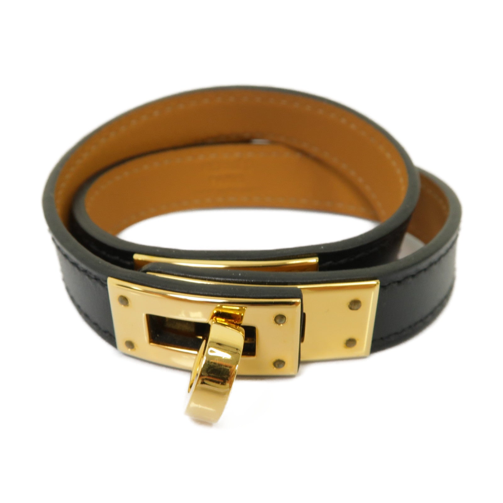 HERMES Swift皮革/金屬Kelly Double Tour Bracelet手鏈黒色/金色