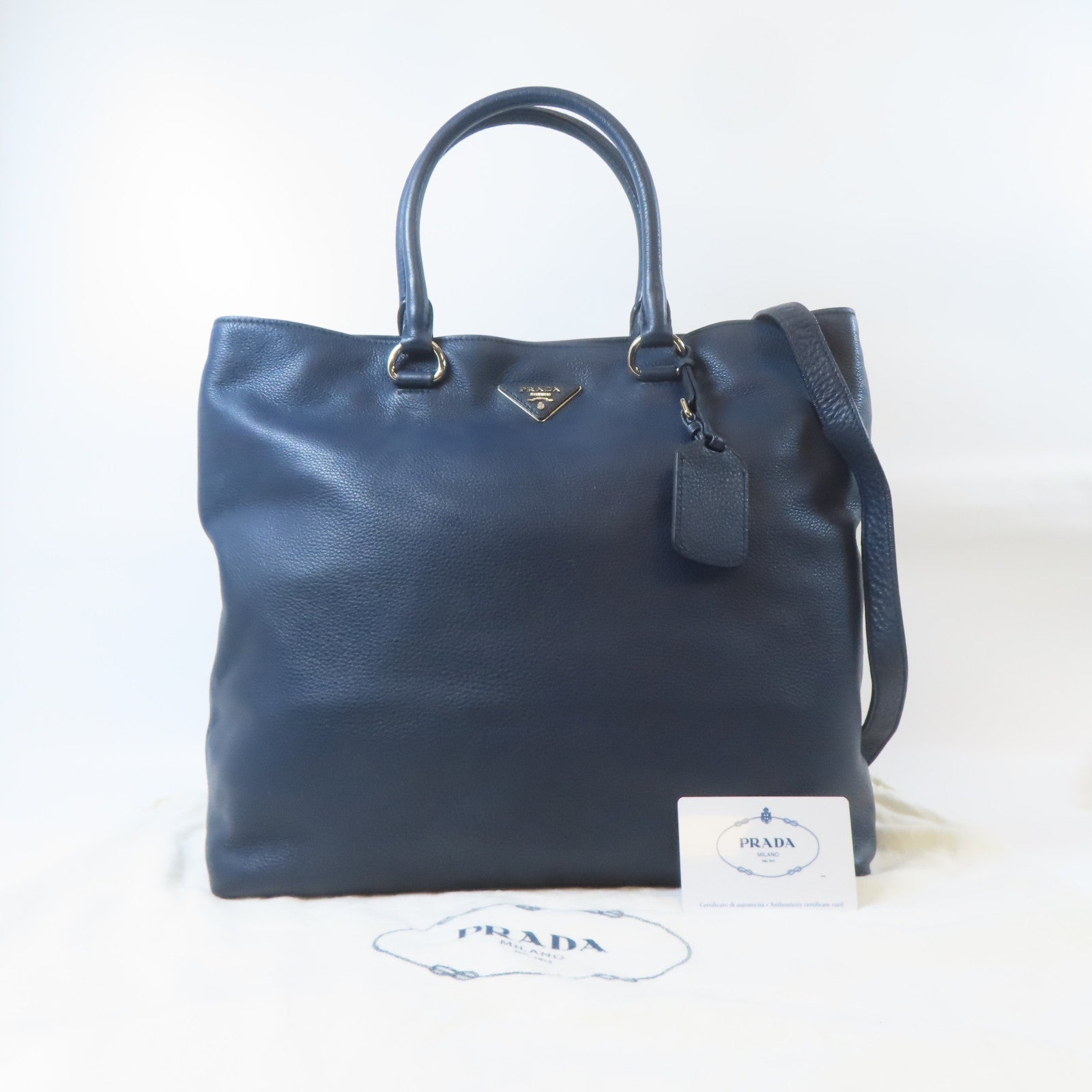 PRADA 牛皮皮革2 Way Shoulder銀扣手挽肩背兩用袋深藍色