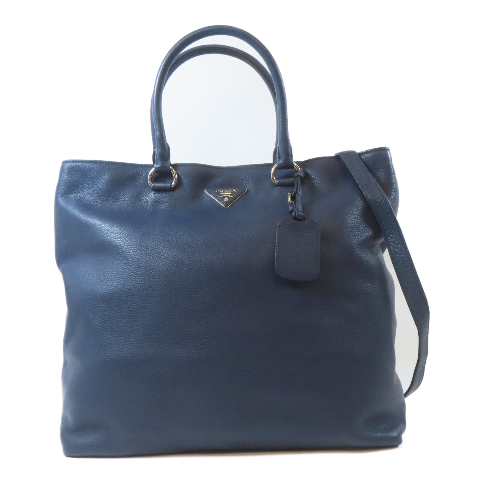 PRADA 牛皮皮革2 Way Shoulder銀扣手挽肩背兩用袋深藍色