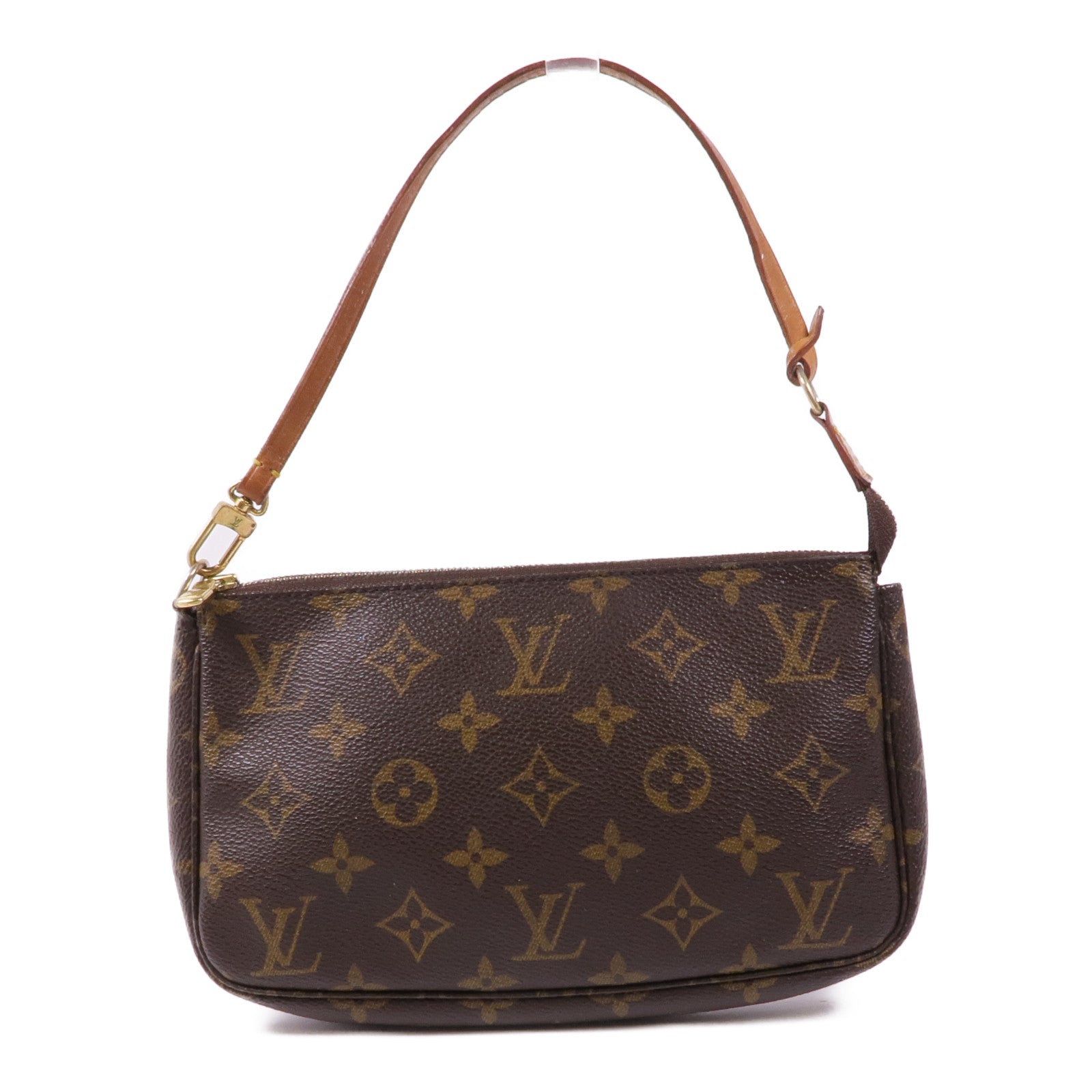 LOUIS VUITTON Monogram Pochette Accessoires金扣手挽袋棕色
