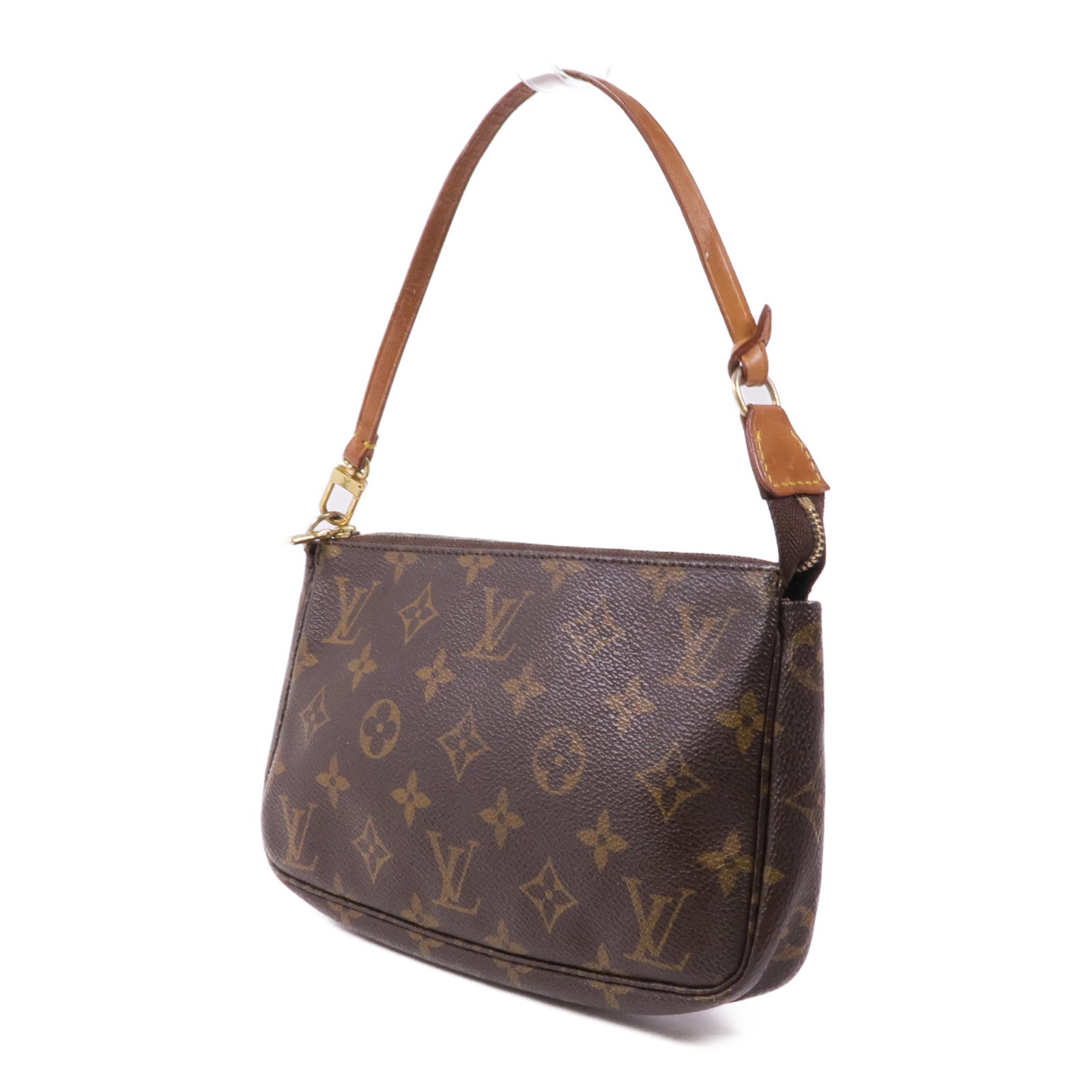 LOUIS VUITTON Monogram Pochette Accessoires金扣手挽袋棕色