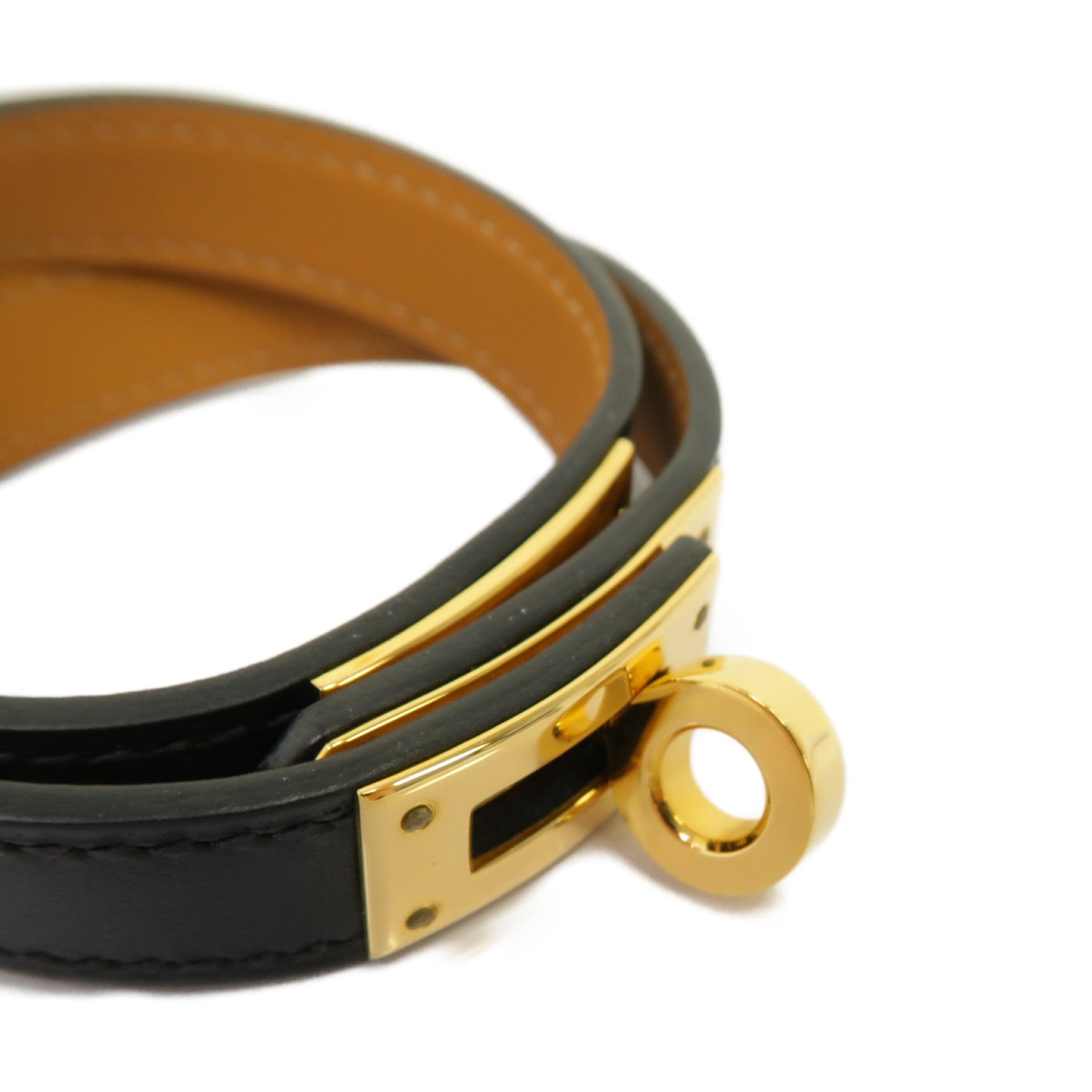 HERMES Swift皮革/金屬Kelly Double Tour Bracelet手鏈黒色/金色