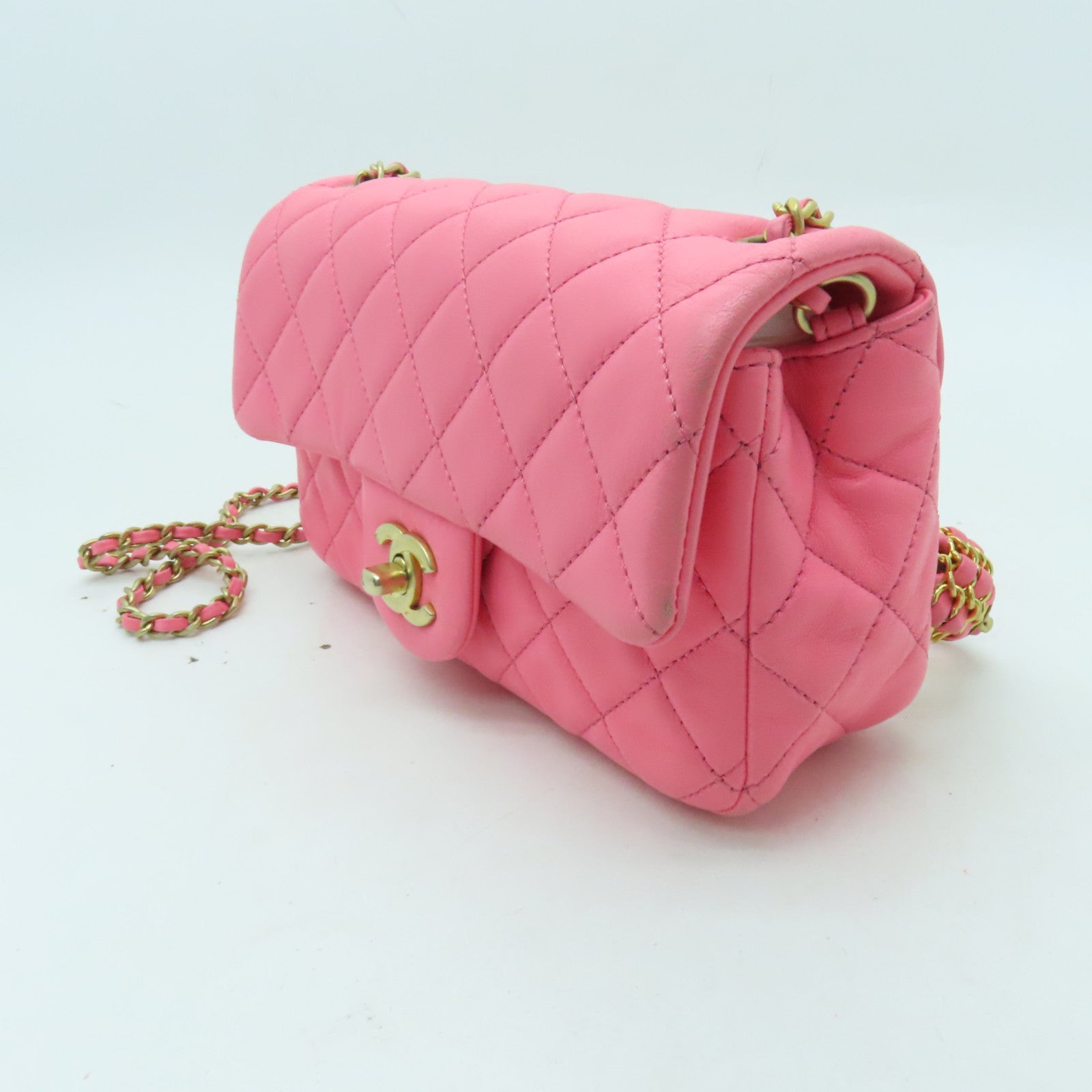 CHANEL 【清倉大減價】菱格羊皮皮格Chain Shoulder金扣鏈帶肩背袋粉紅色