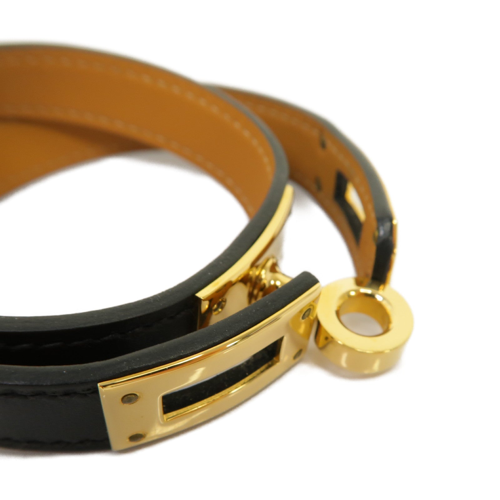 HERMES Swift皮革/金屬Kelly Double Tour Bracelet手鏈黒色/金色