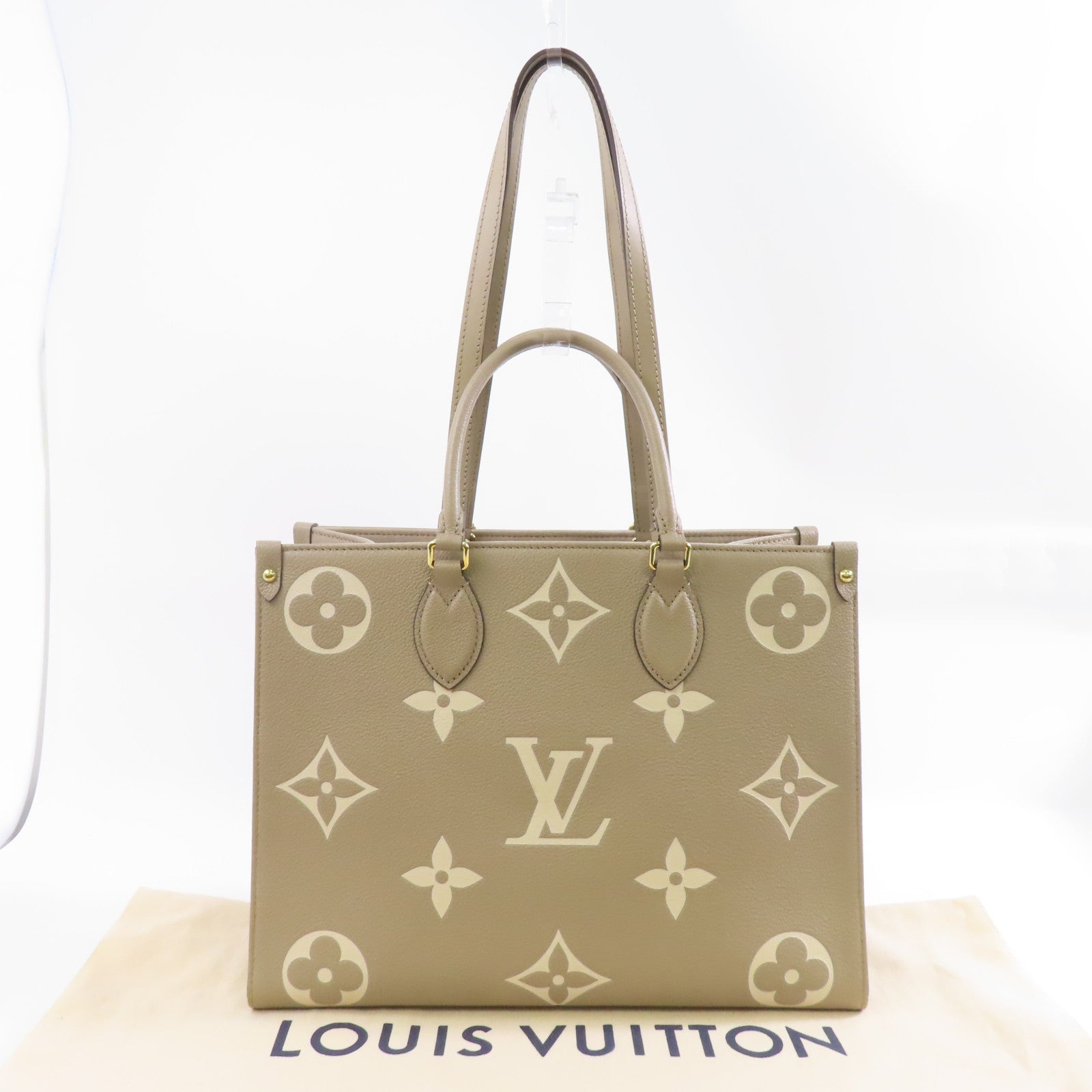 LOUIS VUITTON Monogram Empreinte OnTheGo MM金扣手挽肩背兩用袋米色