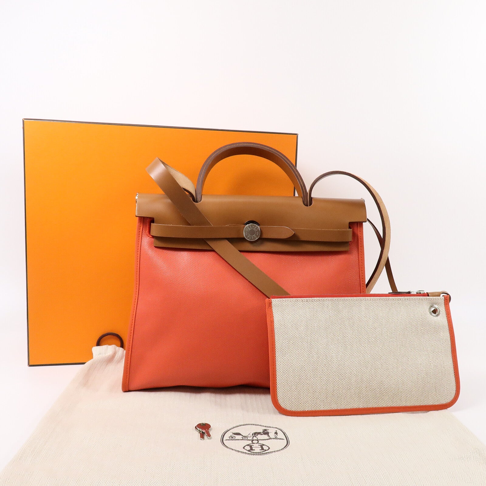 HERMES 帆布Herbag PM手挽肩背兩用袋Orange Mecano/Beige