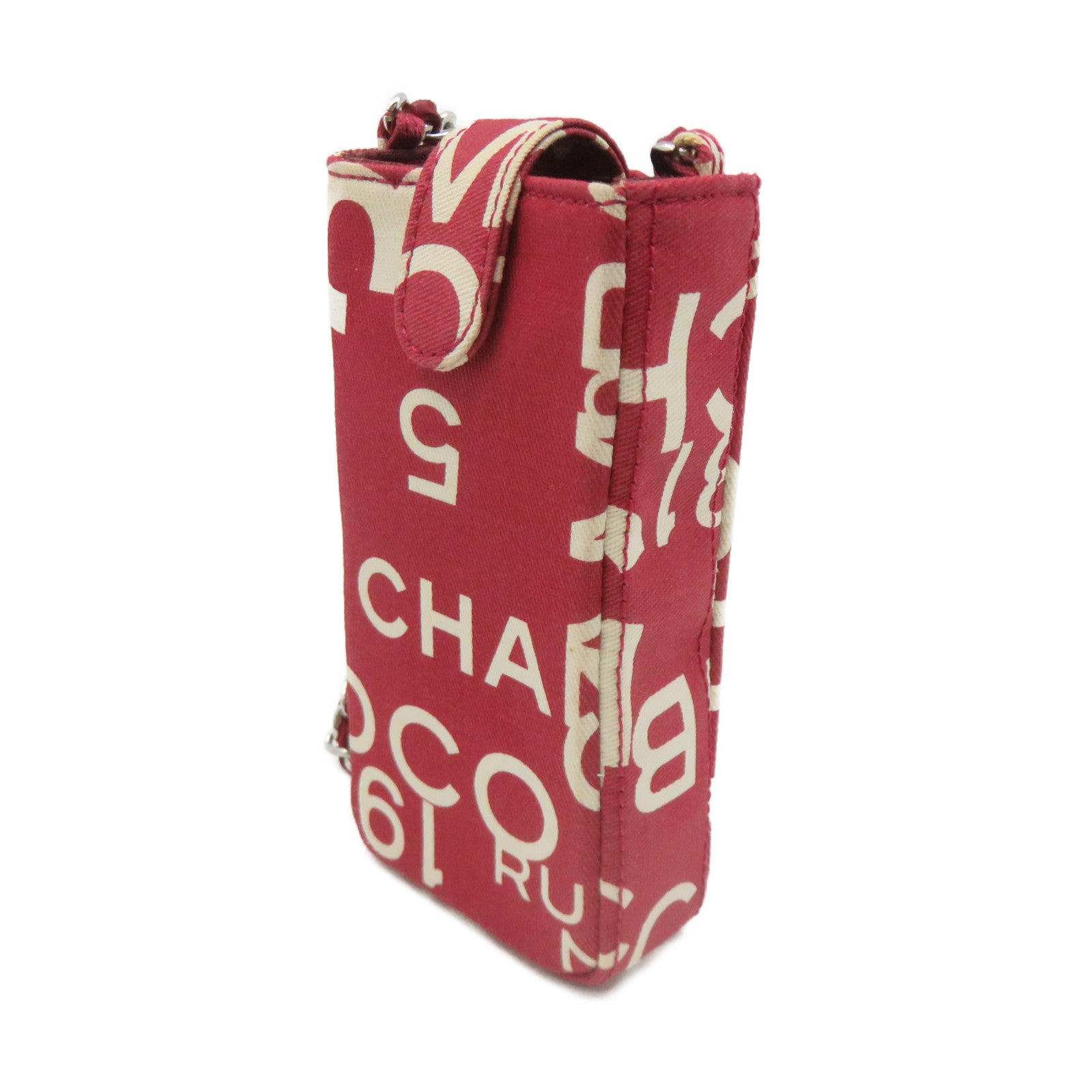 CHANEL 【清倉大減價】帆布Case銀扣鏈帶手機袋紅色/白色