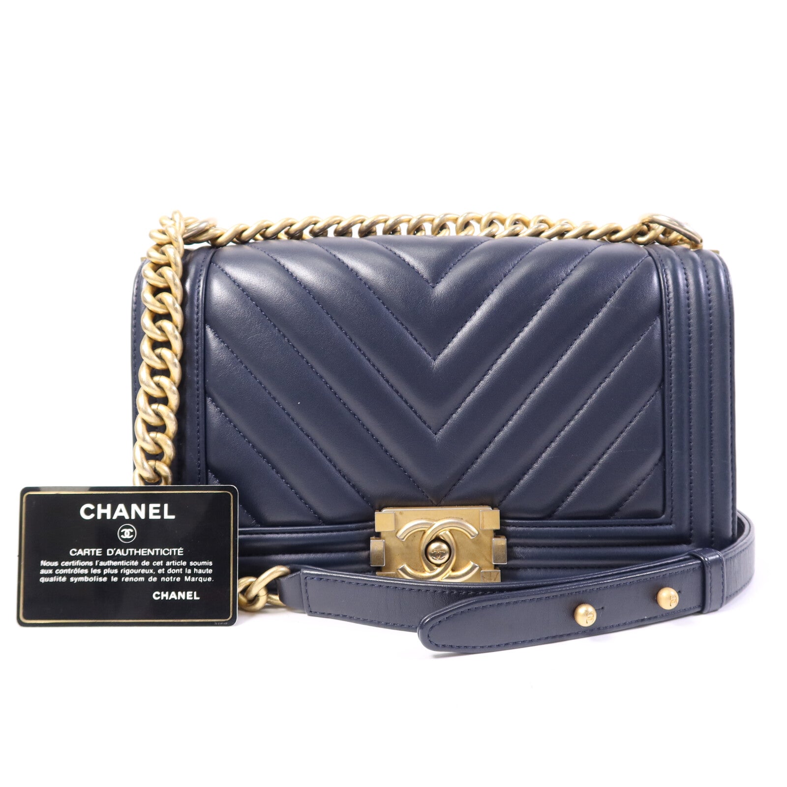 CHANEL 羊皮皮革Boy 25金扣鏈帶肩背袋