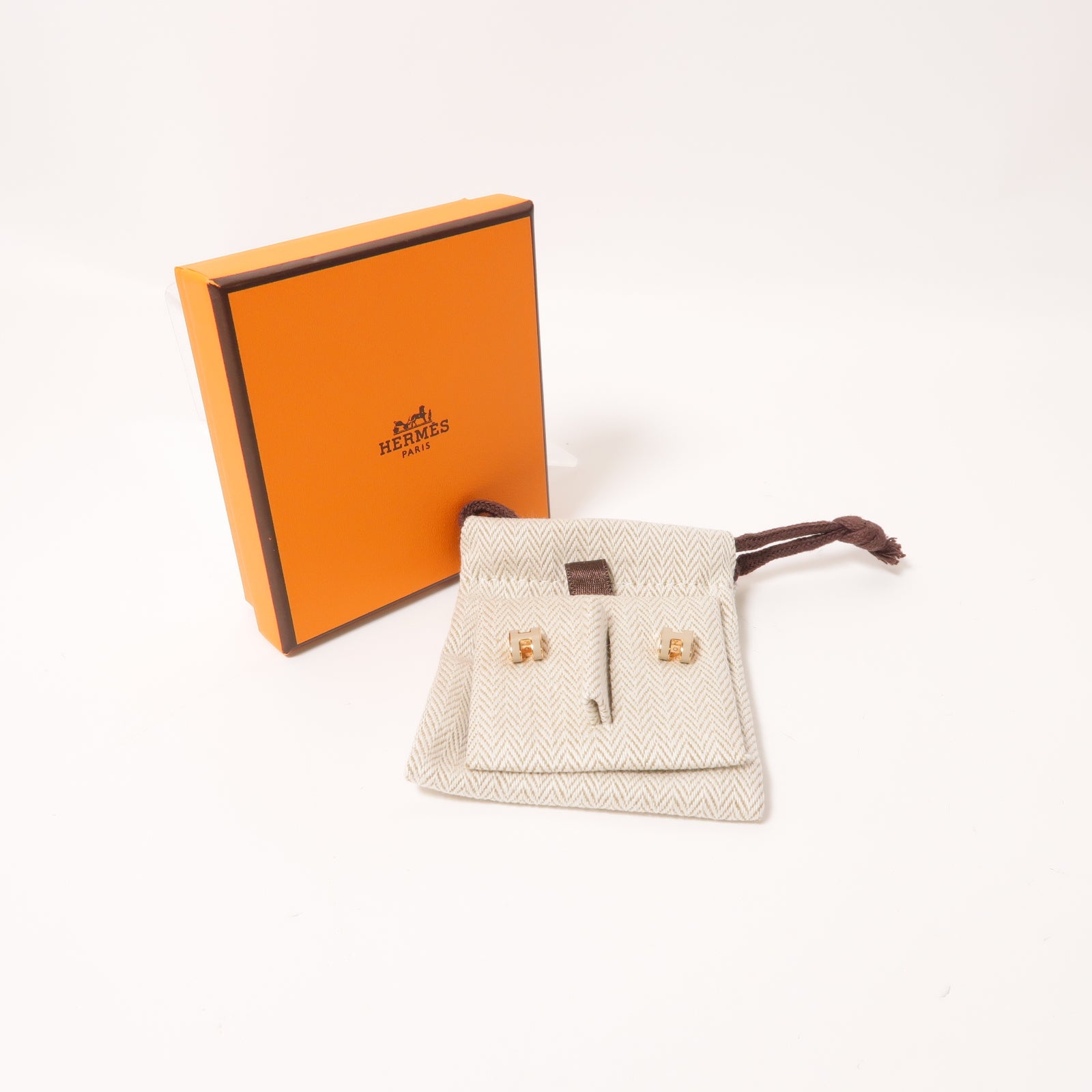 HERMES 金屬Mini Pop H Earrings耳環Marron Glace米色/金色
