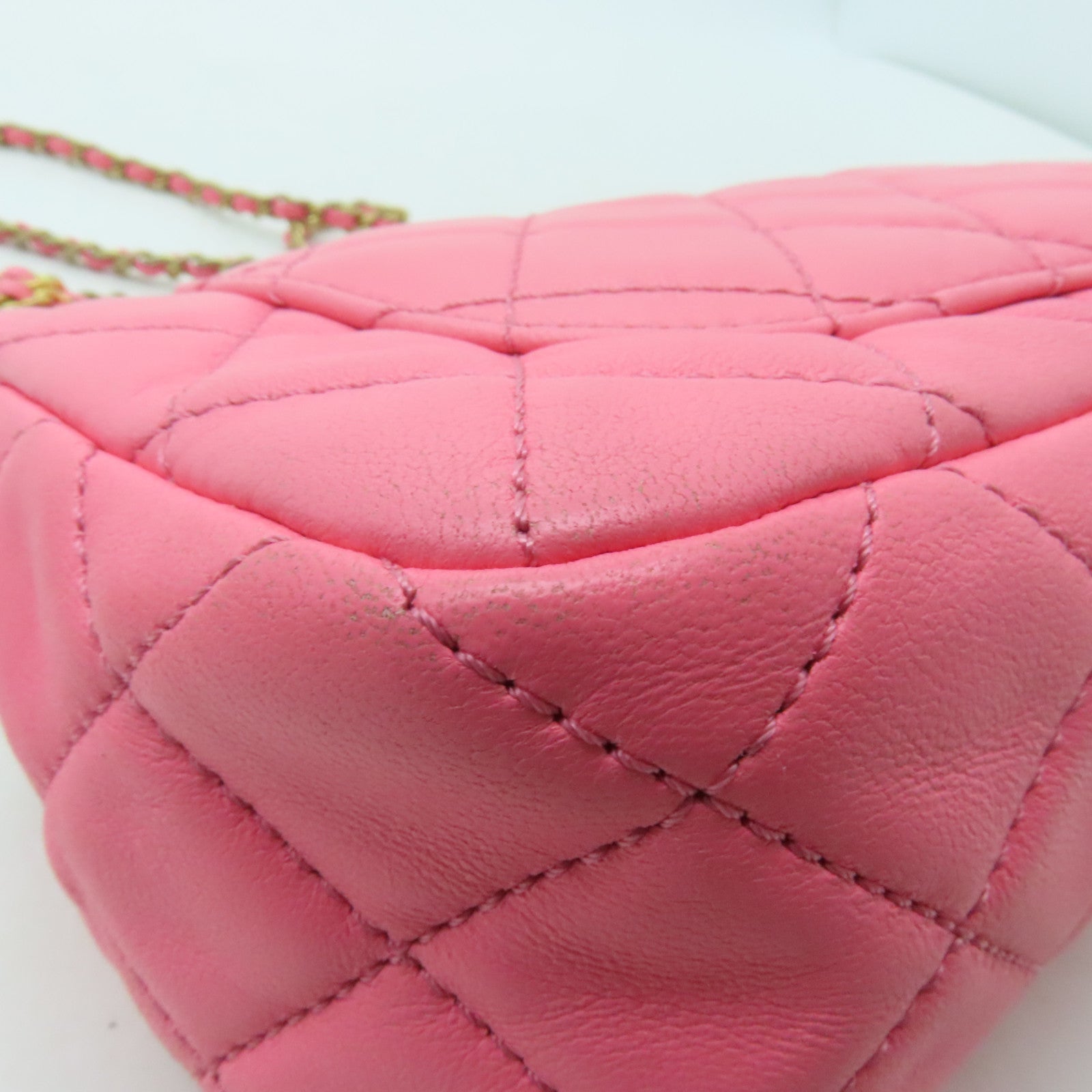 CHANEL 【清倉大減價】菱格羊皮皮格Chain Shoulder金扣鏈帶肩背袋粉紅色