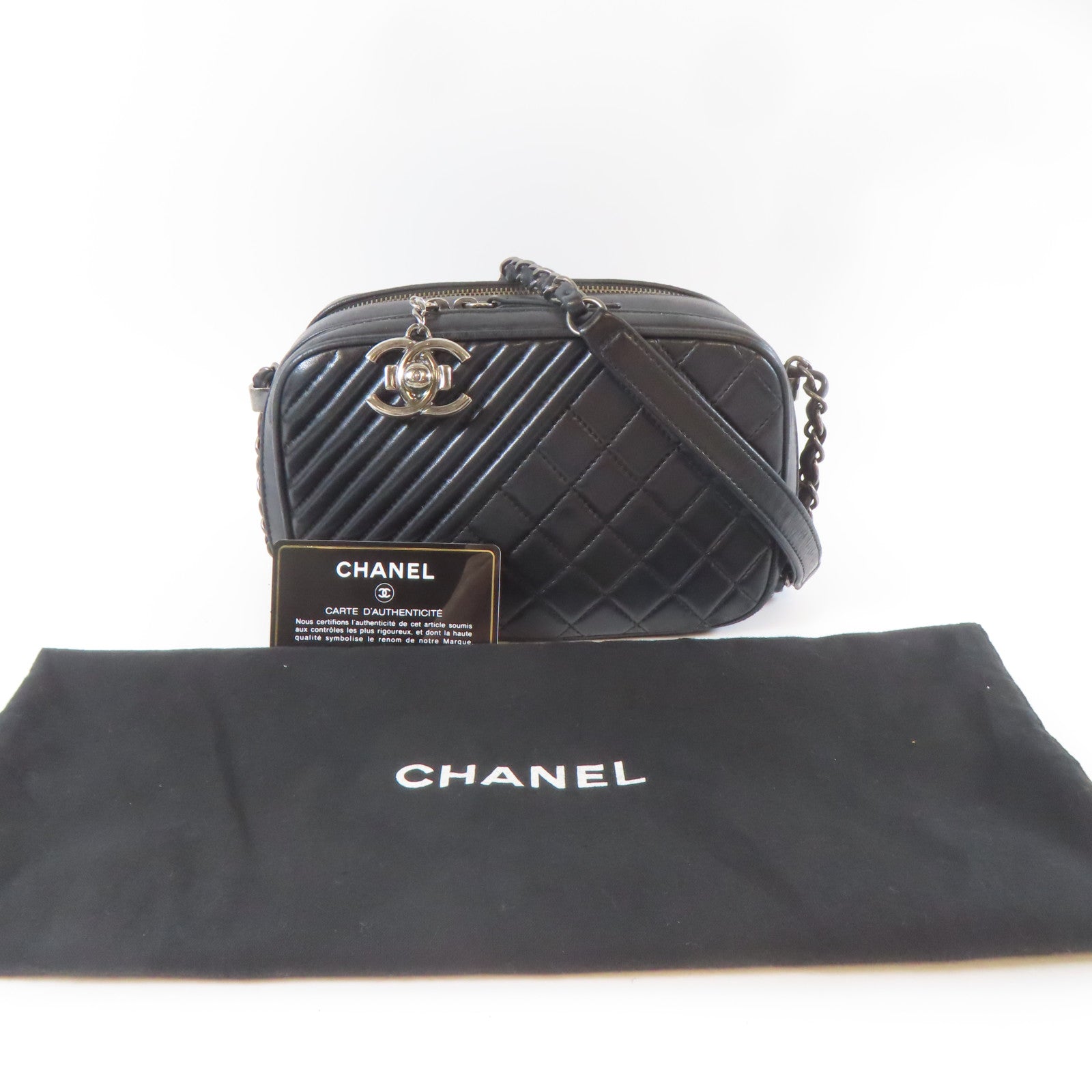 CHANEL 【激減優惠】菱格/斜紋牛皮皮革Chain Shoulder銀扣鏈帶肩背袋黑色