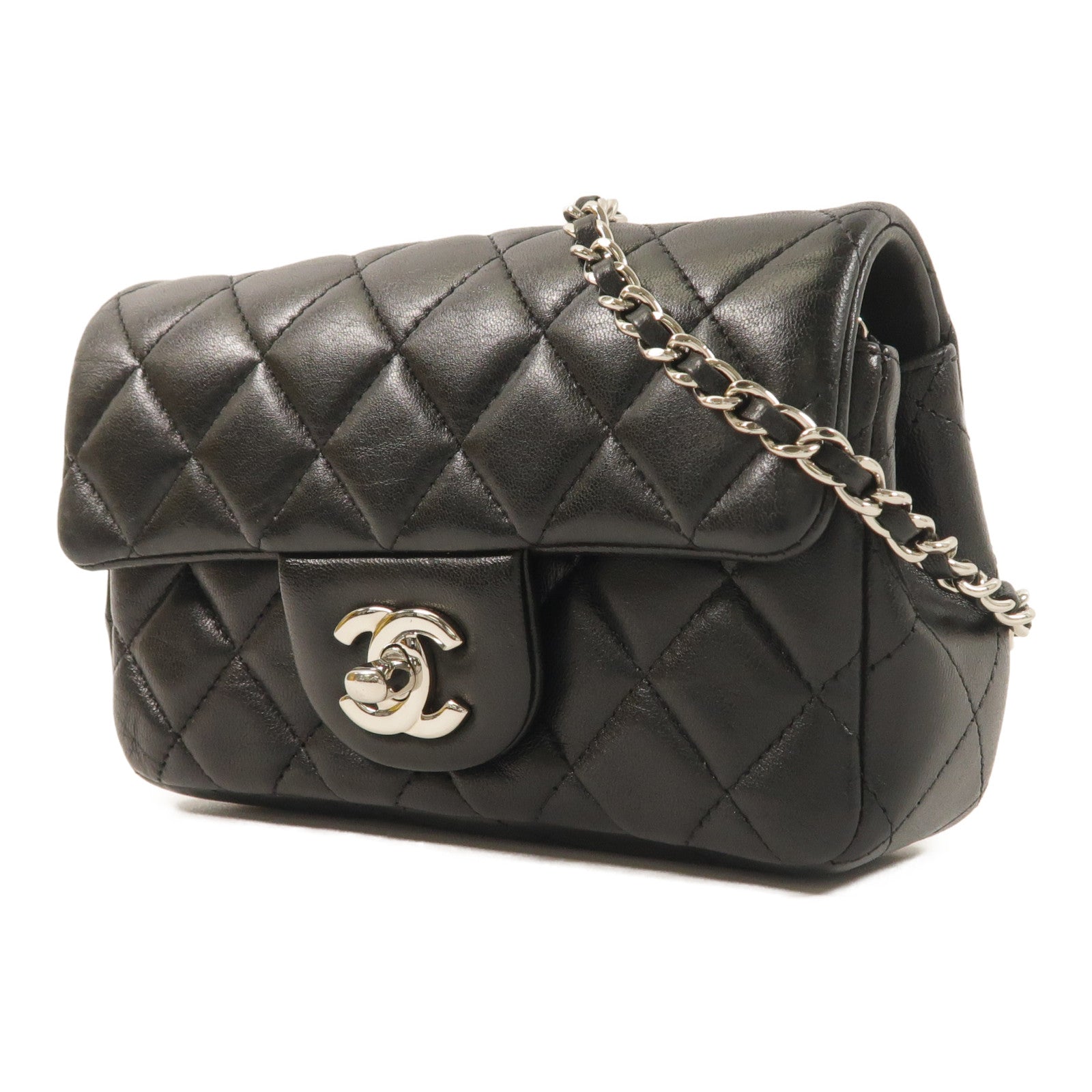 CHANEL 羊皮皮革Mini Flap Bag銀扣鏈帶肩背袋