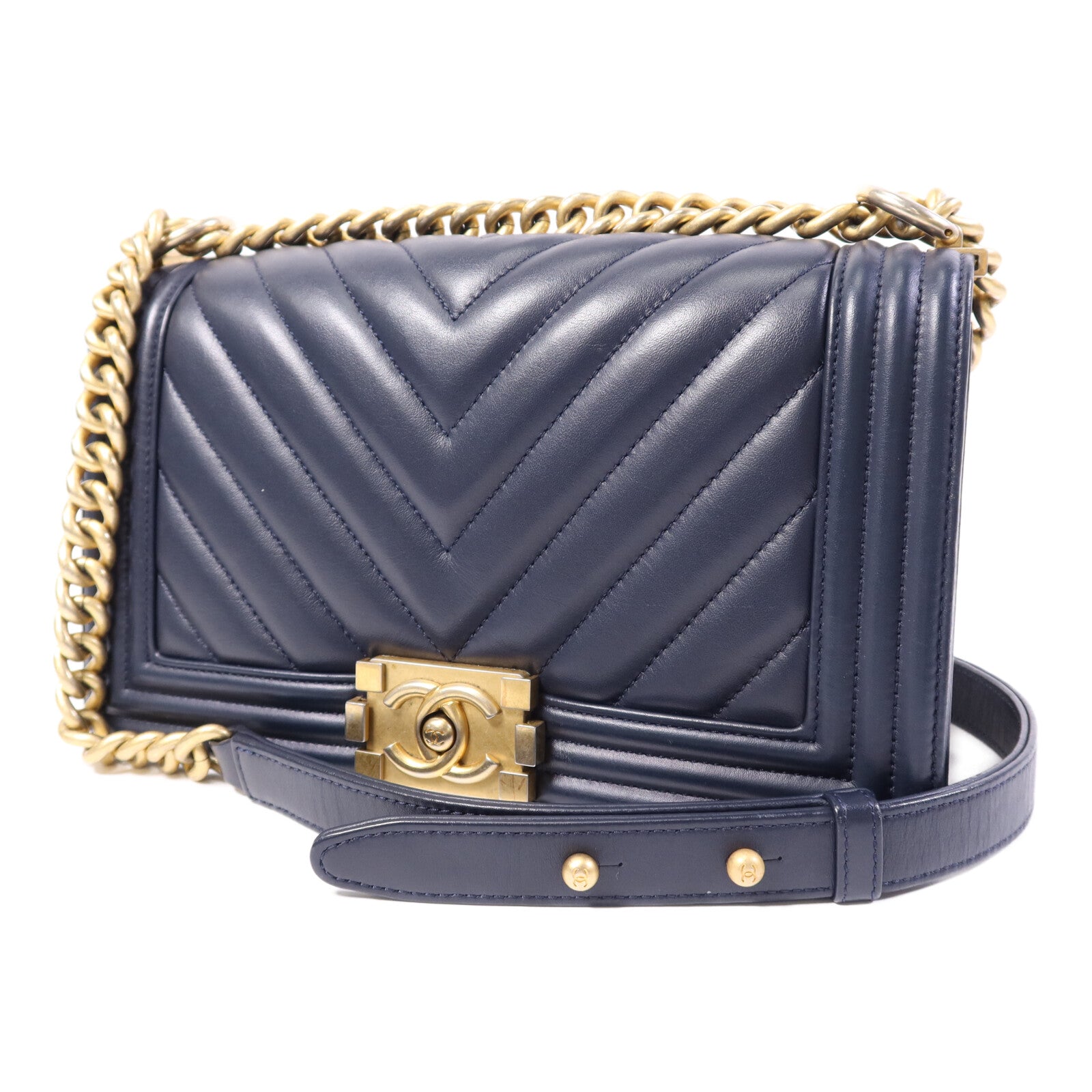 CHANEL 羊皮皮革Boy 25金扣鏈帶肩背袋