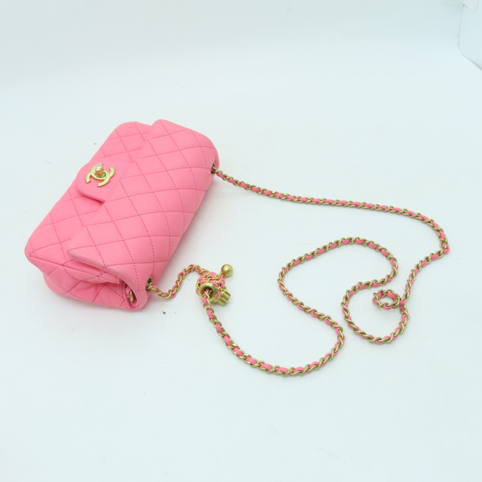 CHANEL 【清倉大減價】菱格羊皮皮格Chain Shoulder金扣鏈帶肩背袋粉紅色