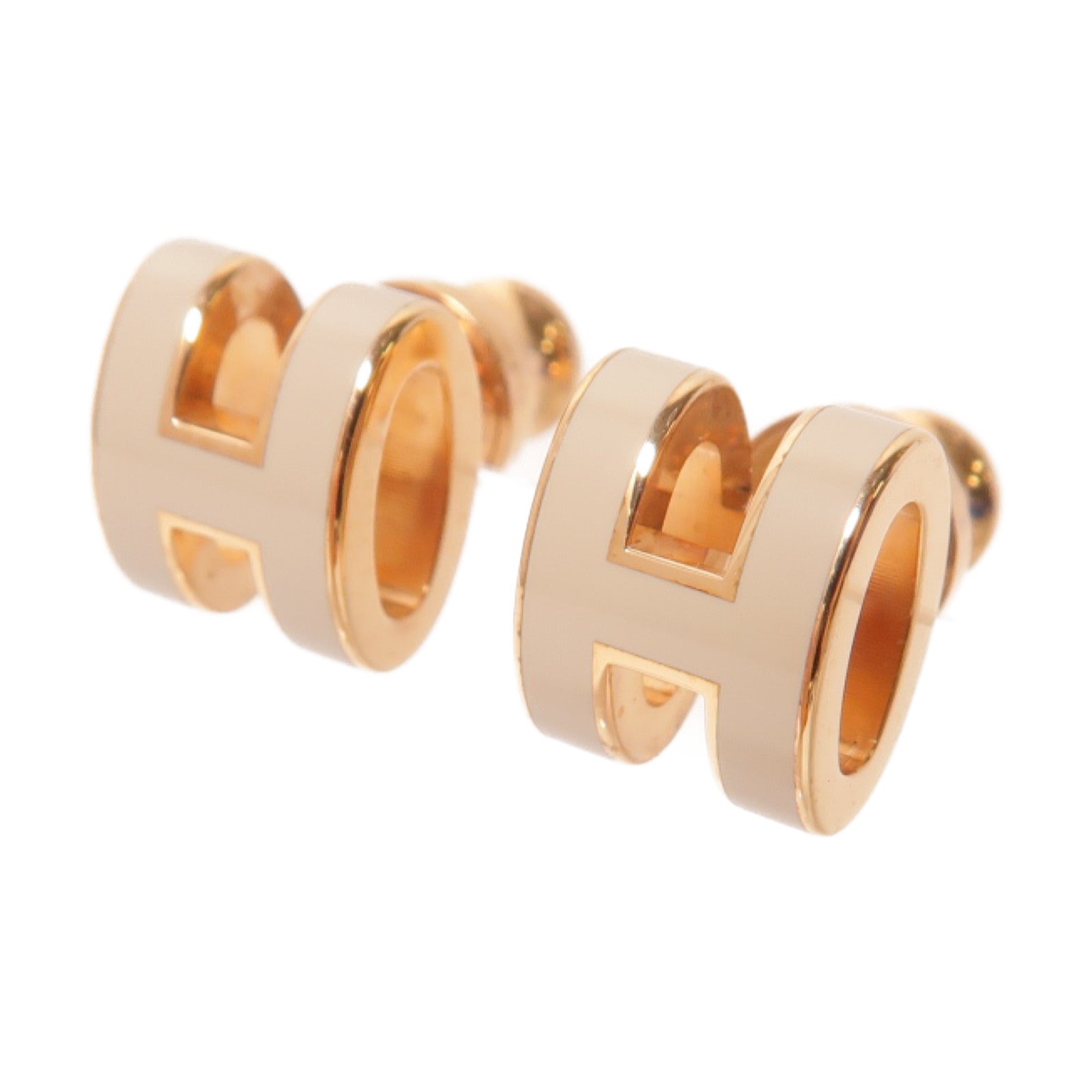 HERMES 金屬Mini Pop H Earrings耳環Marron Glace米色/金色