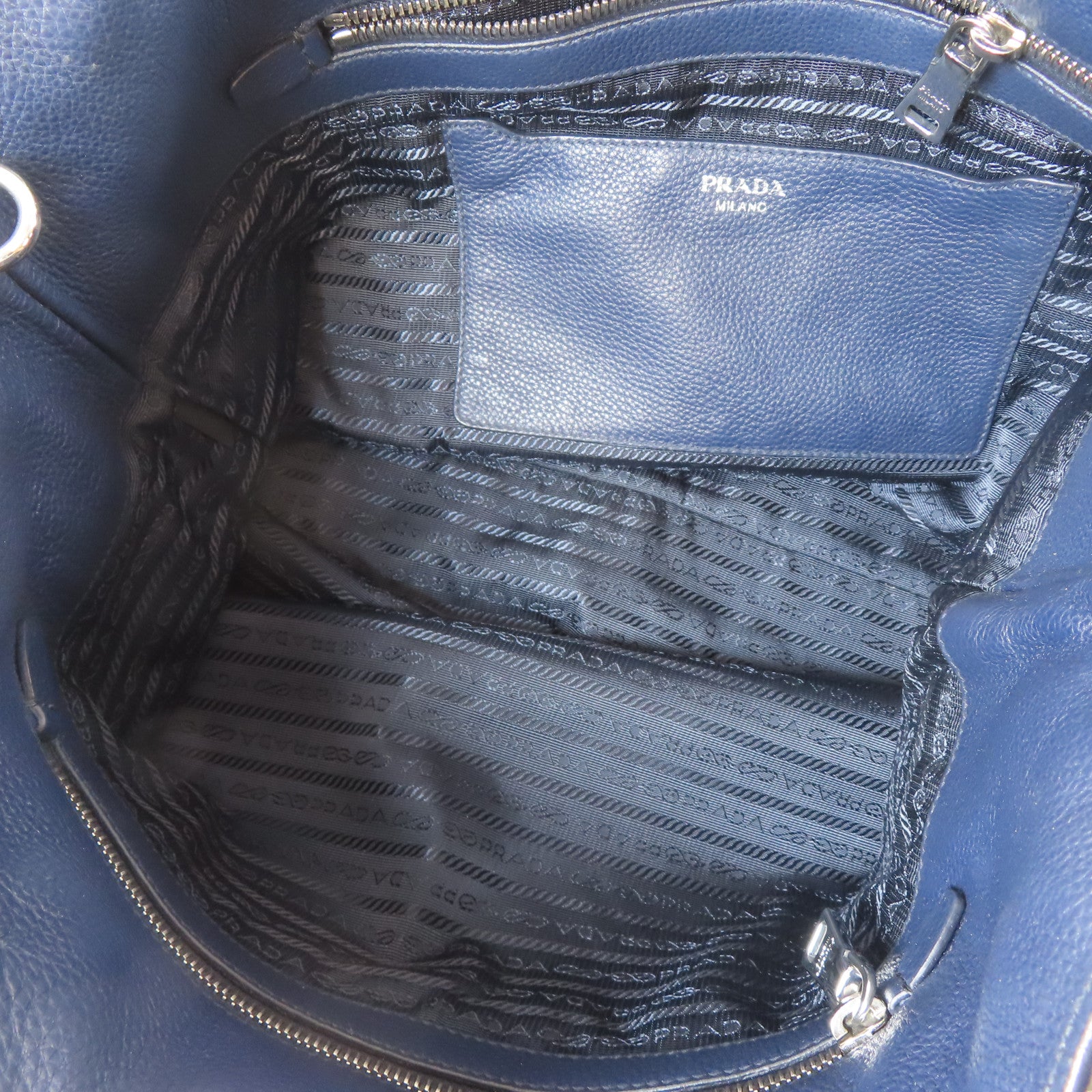 PRADA 牛皮皮革2 Way Shoulder銀扣手挽肩背兩用袋深藍色