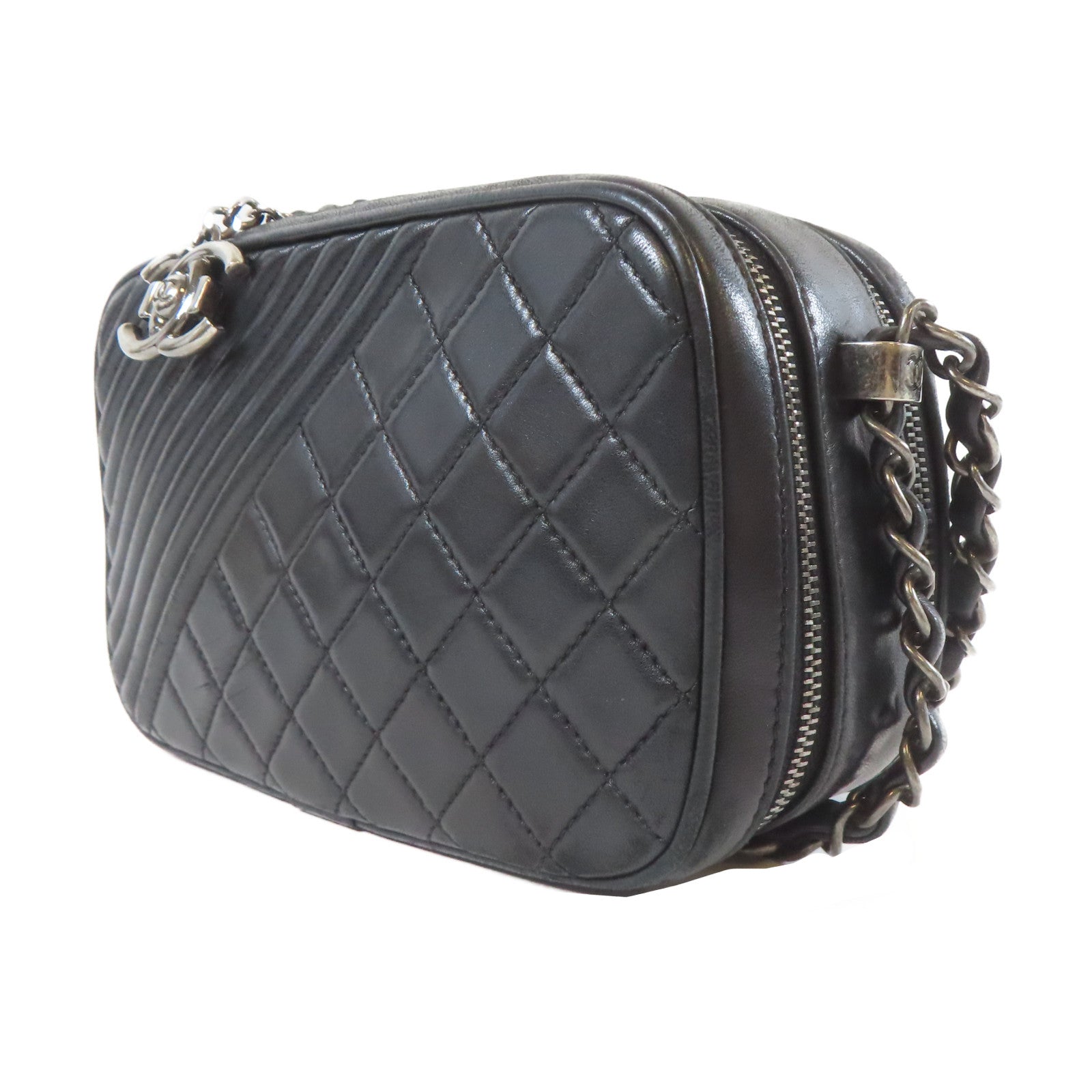CHANEL 【激減優惠】菱格/斜紋牛皮皮革Chain Shoulder銀扣鏈帶肩背袋黑色
