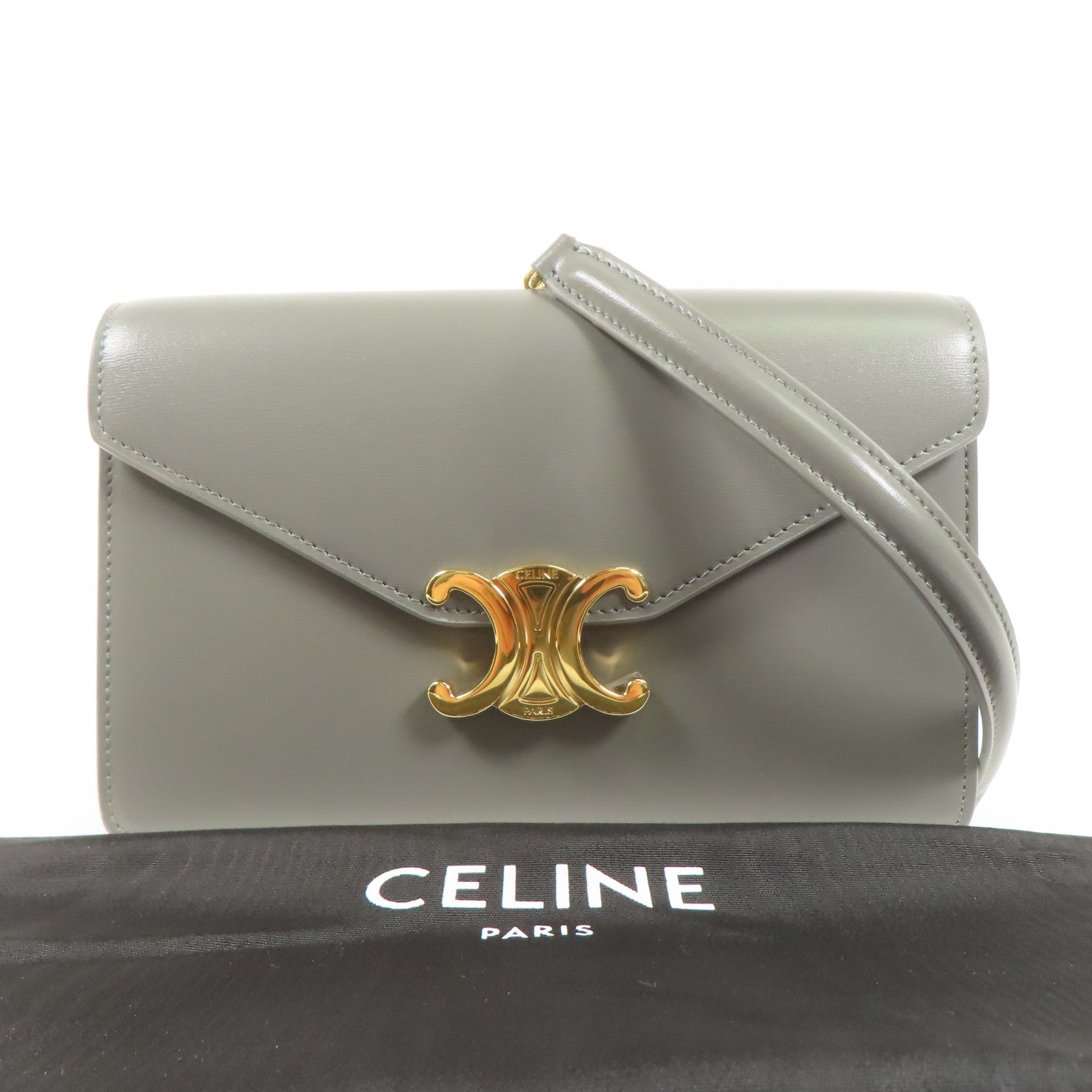 CELINE GHW WOC Margo Chain Shoulder Bag Calfskin Leather Gray