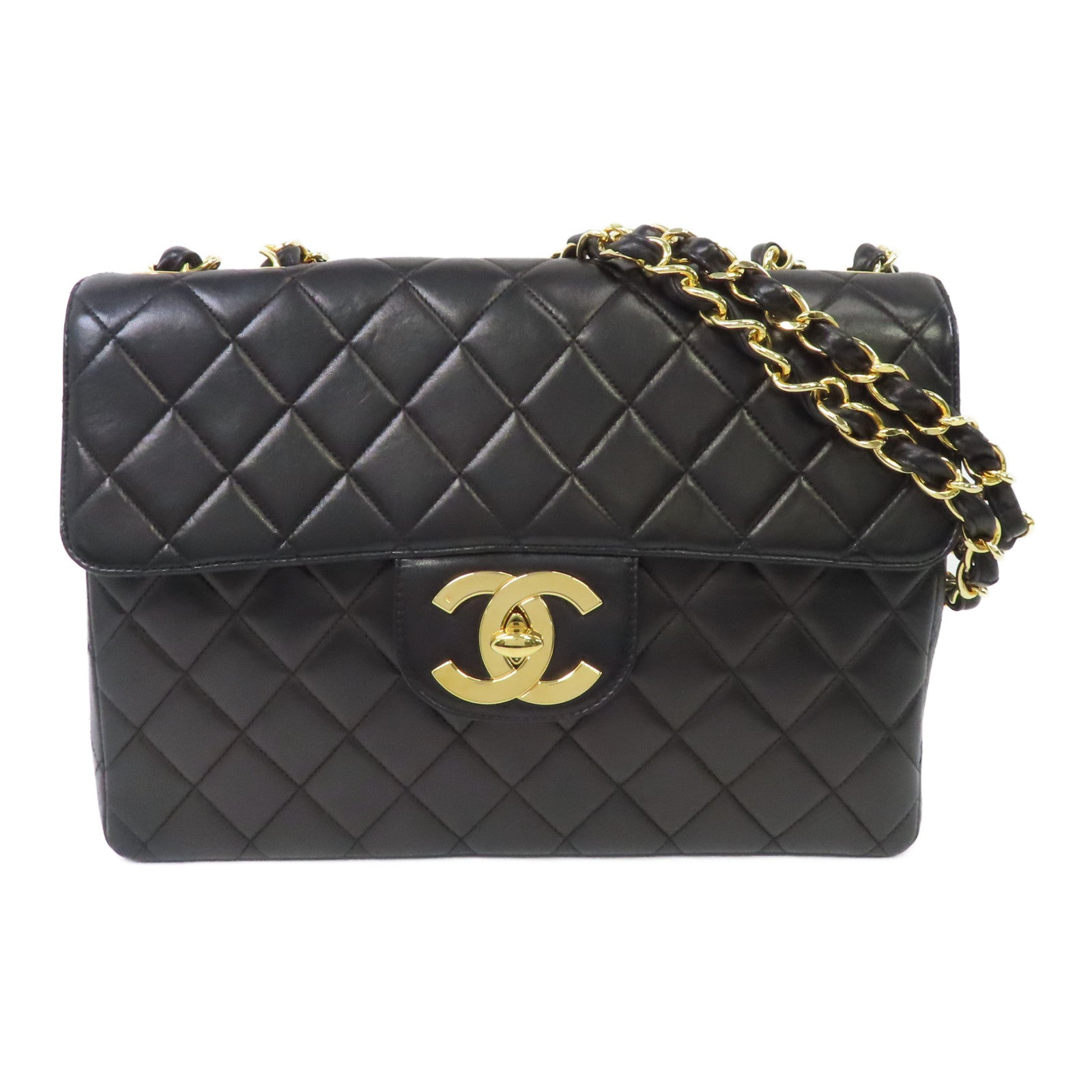 CHANEL 菱格牛皮皮革Chain Shoulder Bag金扣鏈帶肩背袋黑色