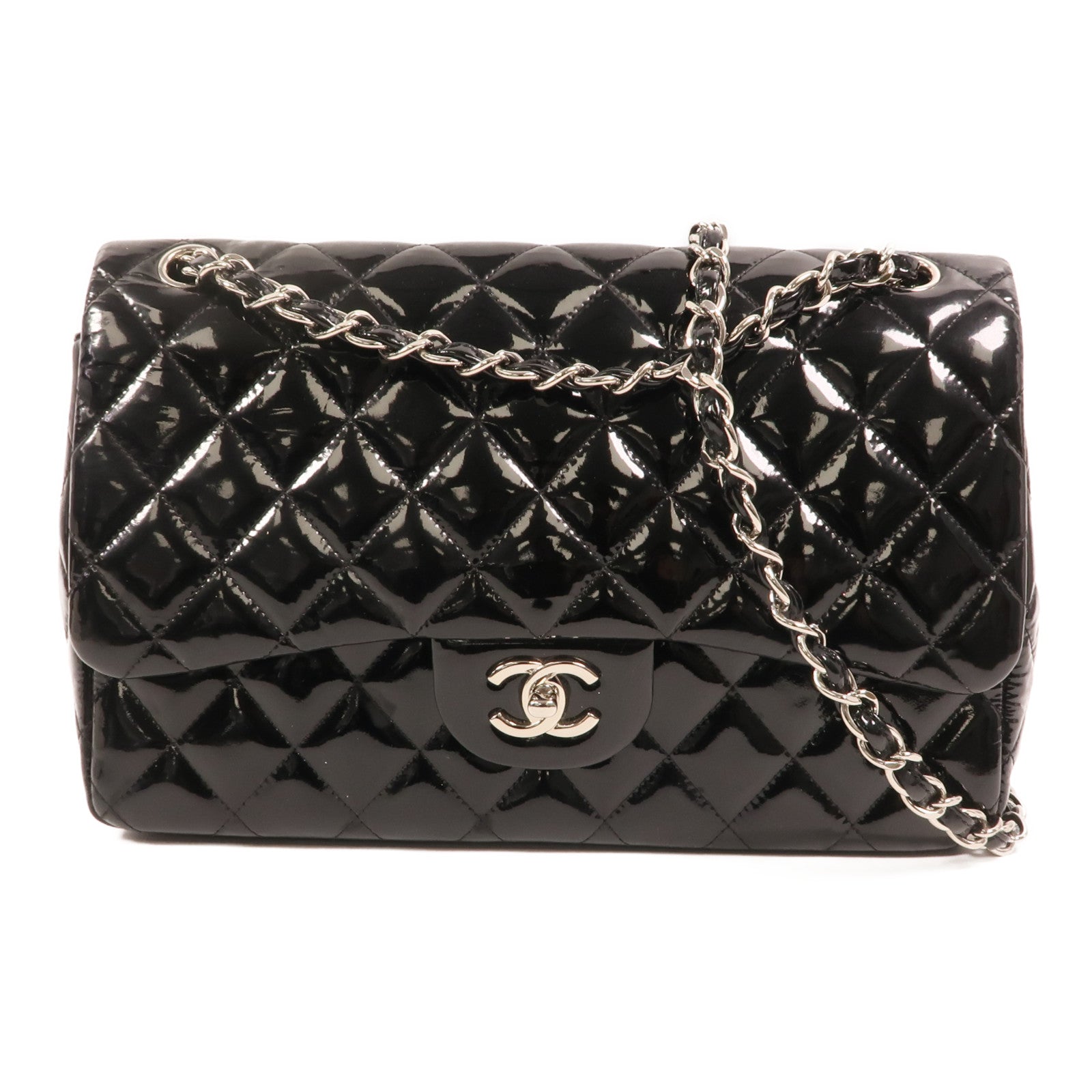 CHANEL 漆皮皮革Large Classic銀扣鏈帶肩背袋