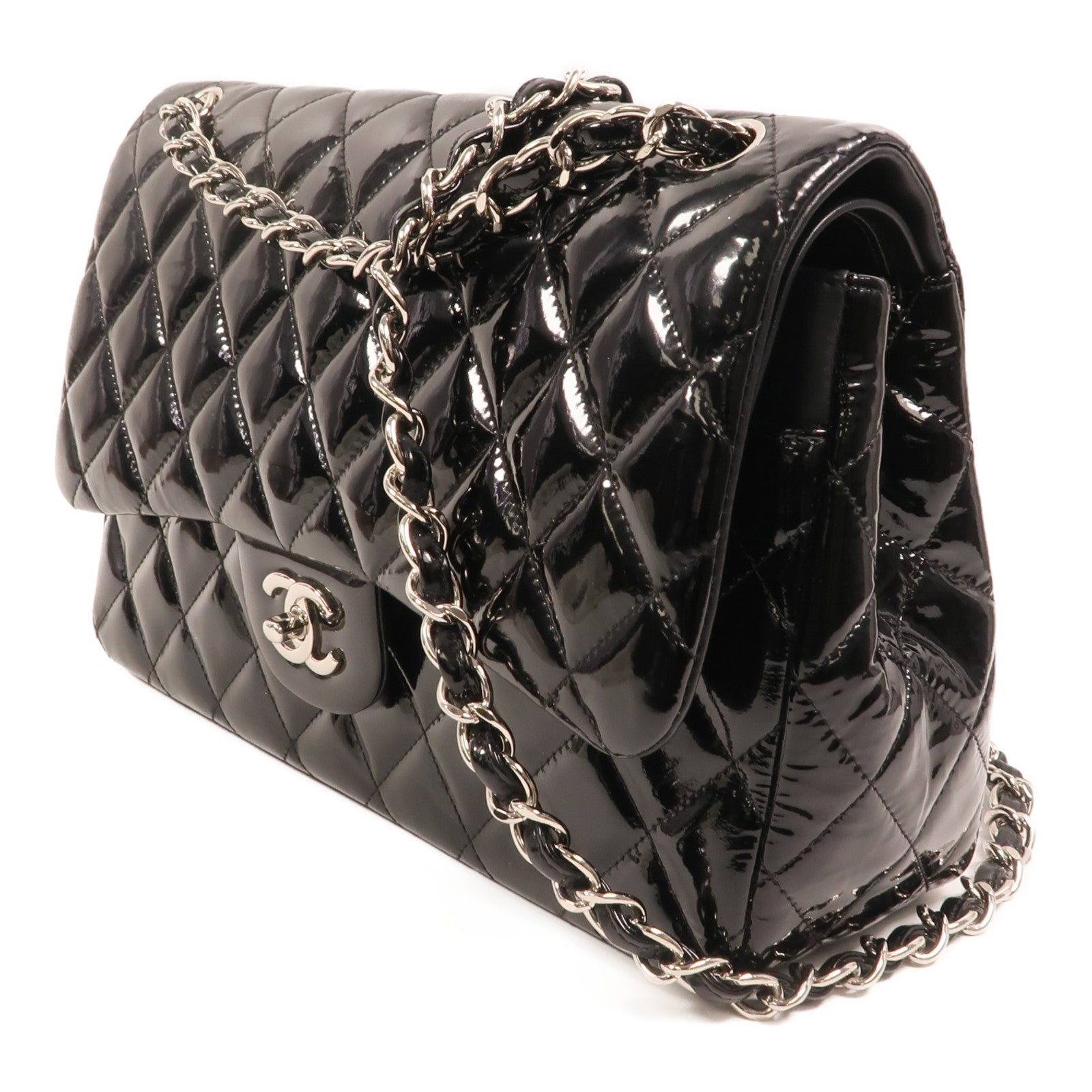 CHANEL 漆皮皮革Large Classic銀扣鏈帶肩背袋