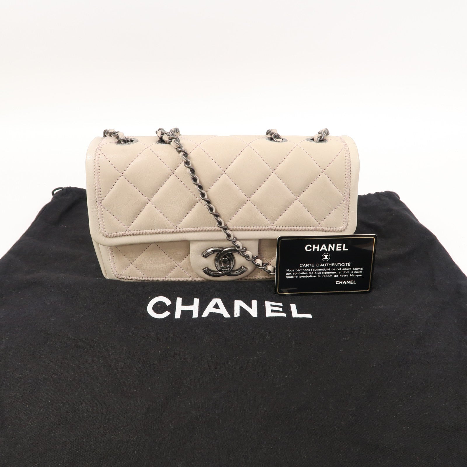 CHANEL 【激減優惠】菱格牛皮皮革Shoulder Bag銀扣肩背袋粉紅色/灰色