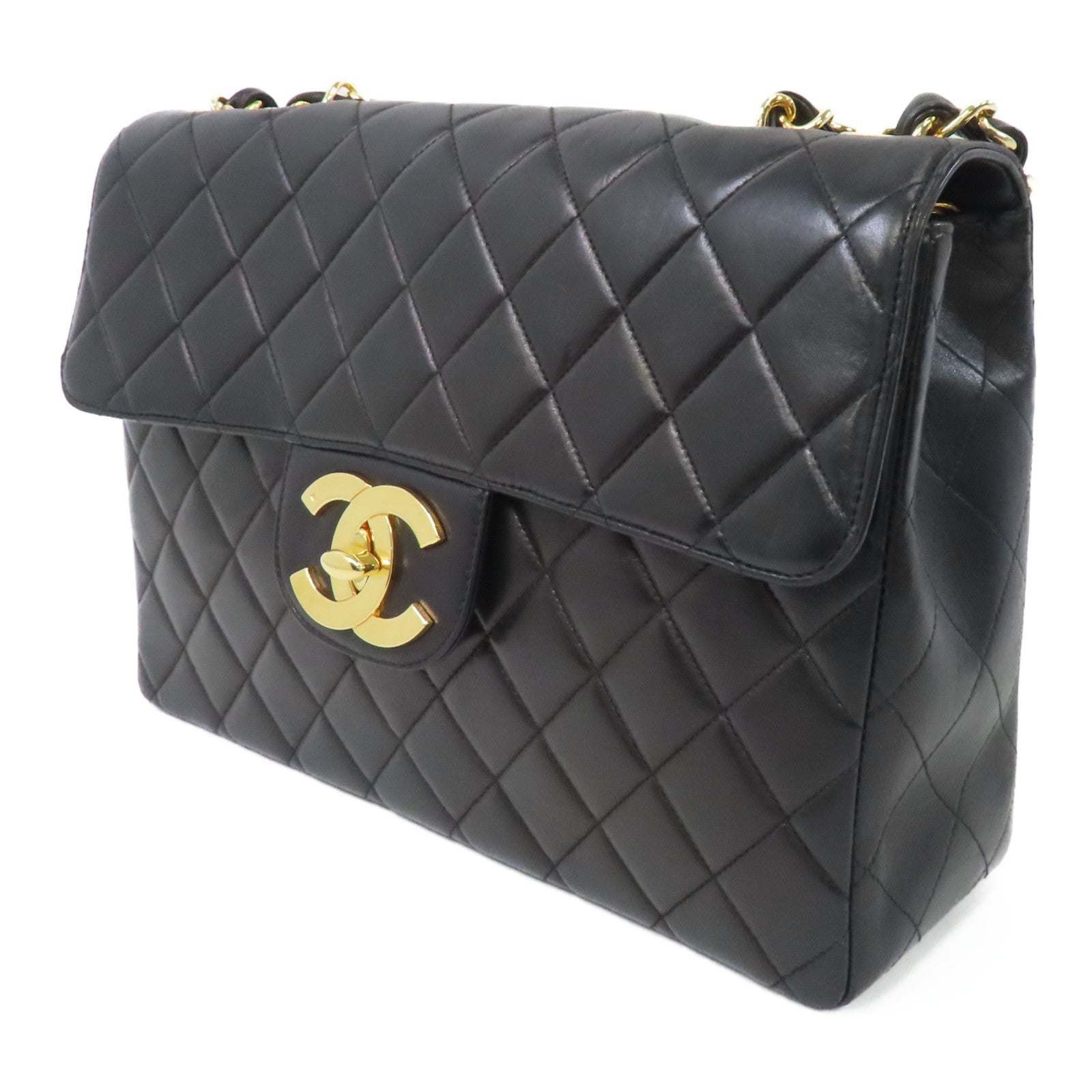 CHANEL 菱格牛皮皮革Chain Shoulder Bag金扣鏈帶肩背袋黑色