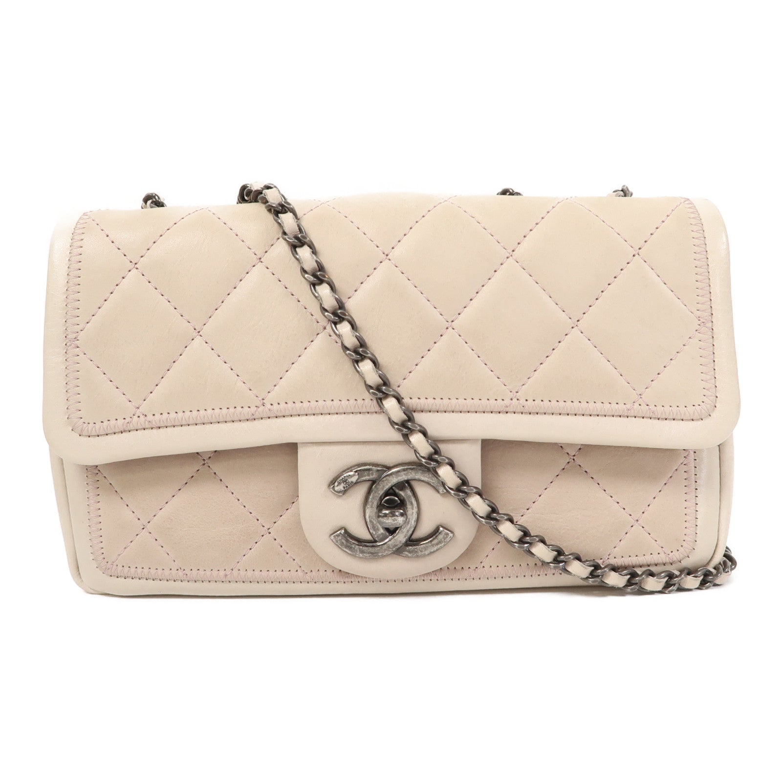 CHANEL 【激減優惠】菱格牛皮皮革Shoulder Bag銀扣肩背袋粉紅色/灰色