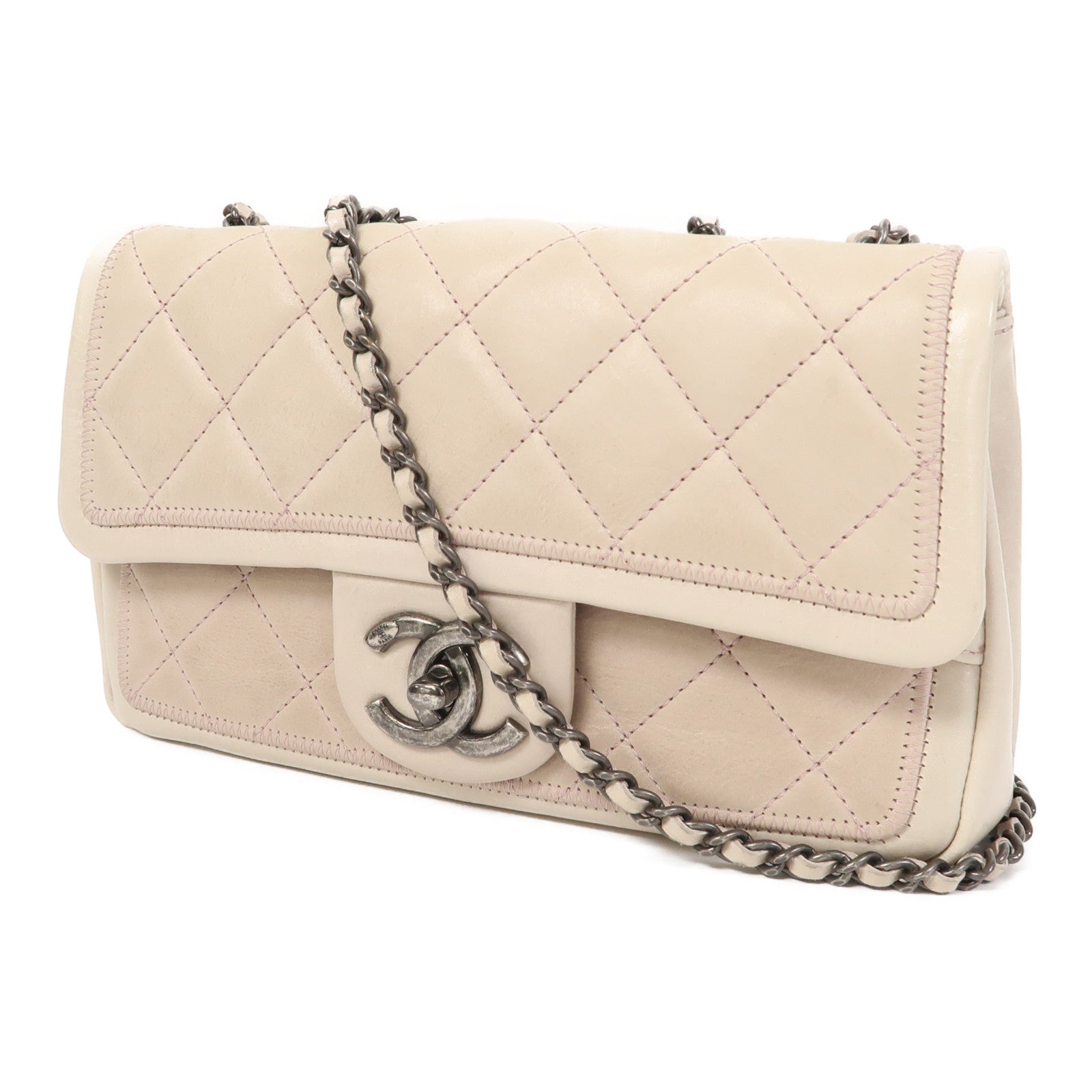 CHANEL 【激減優惠】菱格牛皮皮革Shoulder Bag銀扣肩背袋粉紅色/灰色