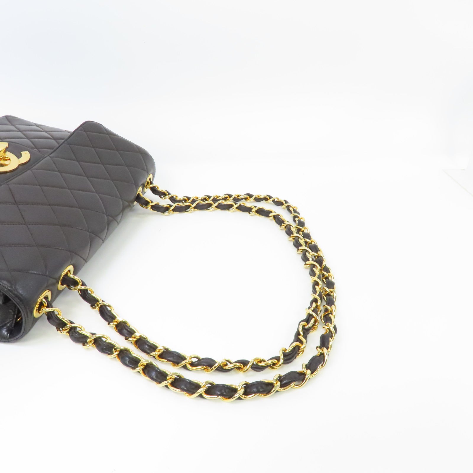 CHANEL 菱格牛皮皮革Chain Shoulder Bag金扣鏈帶肩背袋黑色