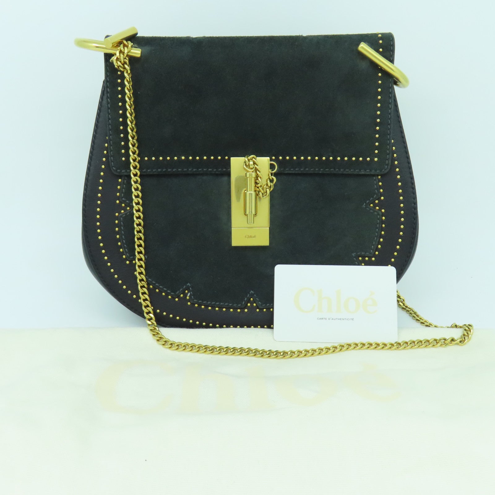 Chloe 【清倉大減價】麂皮皮革Chain Shoulder金扣鏈帶肩背袋黑色