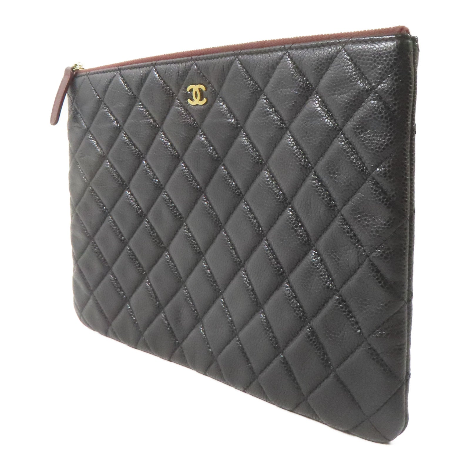 CHANEL 牛皮皮革Pouch金扣手拿包黑色/棕色