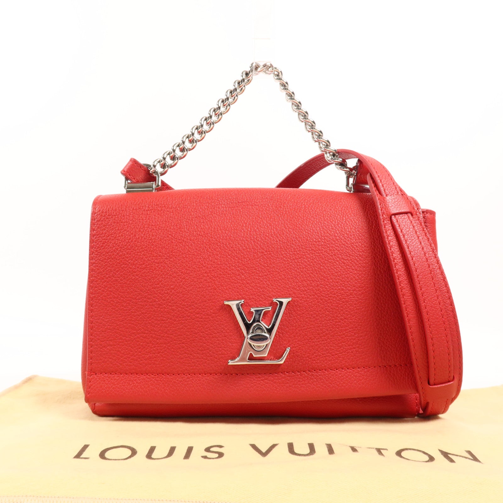 LOUIS VUITTON 牛皮皮革Lock Me II BB銀扣鏈帶手挽肩背兩用袋