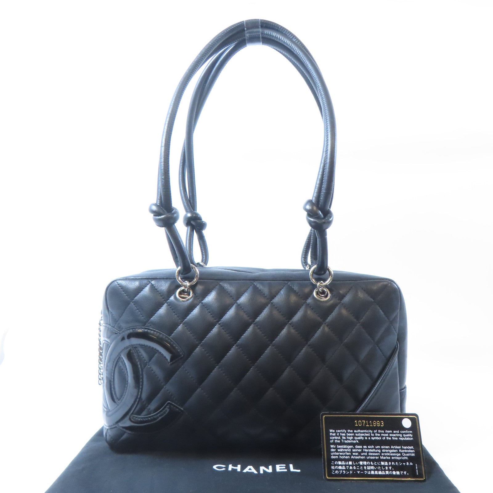 CHANEL 菱格羊皮皮革Cambon Tote銀扣肩背袋黑色