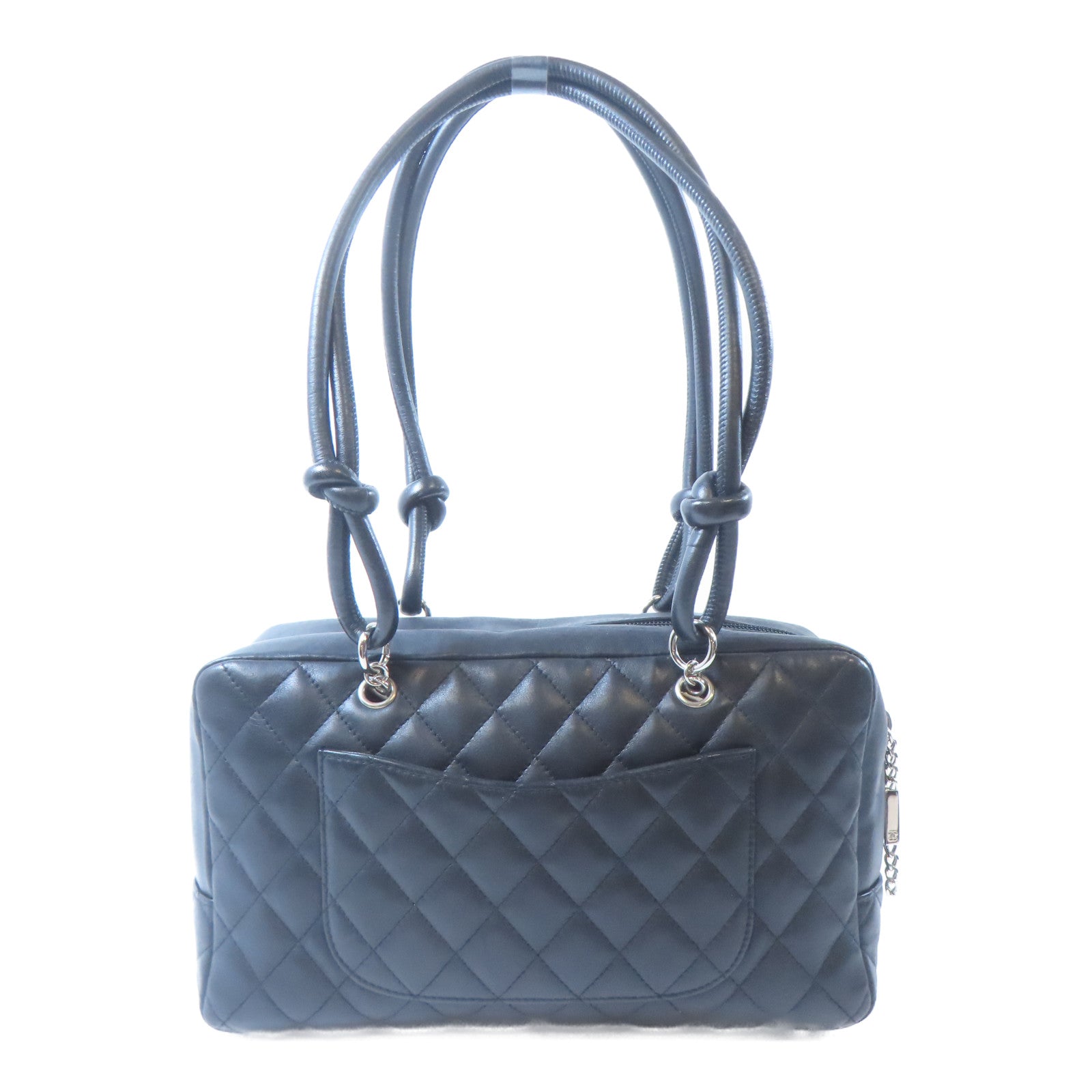 CHANEL 菱格羊皮皮革Cambon Tote銀扣肩背袋黑色