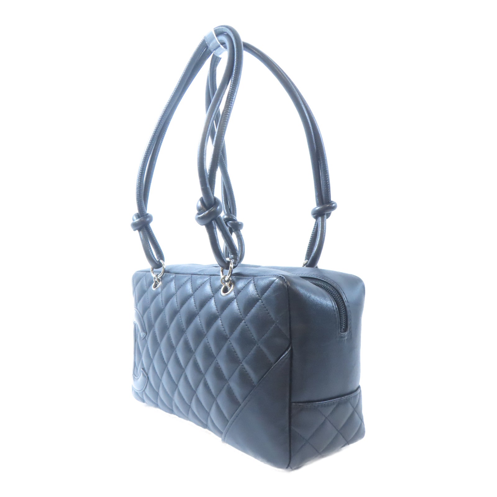 CHANEL 菱格羊皮皮革Cambon Tote銀扣肩背袋黑色